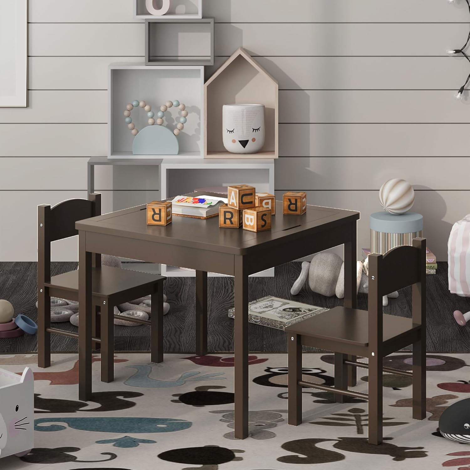 4NM Juego de mesa de juego 3 en 1 para niños y 2 sillas con almacenamiento, compatible con Lego y Duplo Bricks, mesa de madera para niños pequeños,