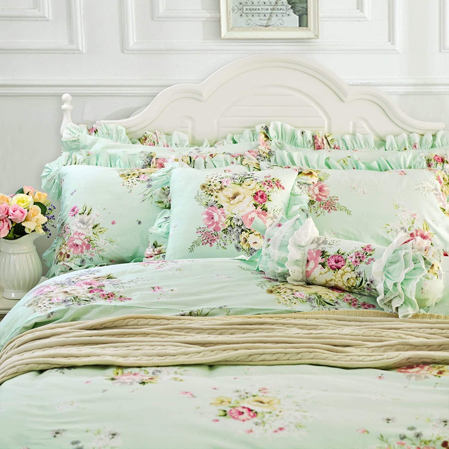 Usning Juego de funda de edredón tamaño Queen, ropa de cama floral verde de 3 piezas, ropa de cama en una bolsa 100% algodón, 100% algodón, 1 funda