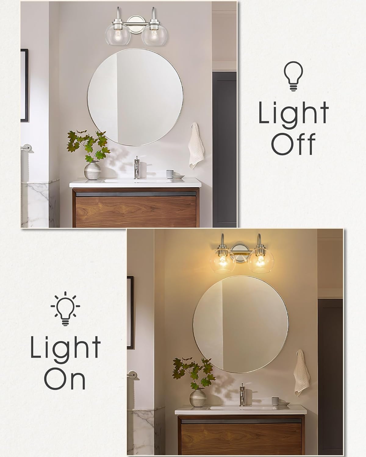 AD-22280-2W-SN – Lámpara de tocador de baño de 2 luces, níquel cepillado con pantalla de vidrio transparente, luz de tocador de baño de granja sobre
