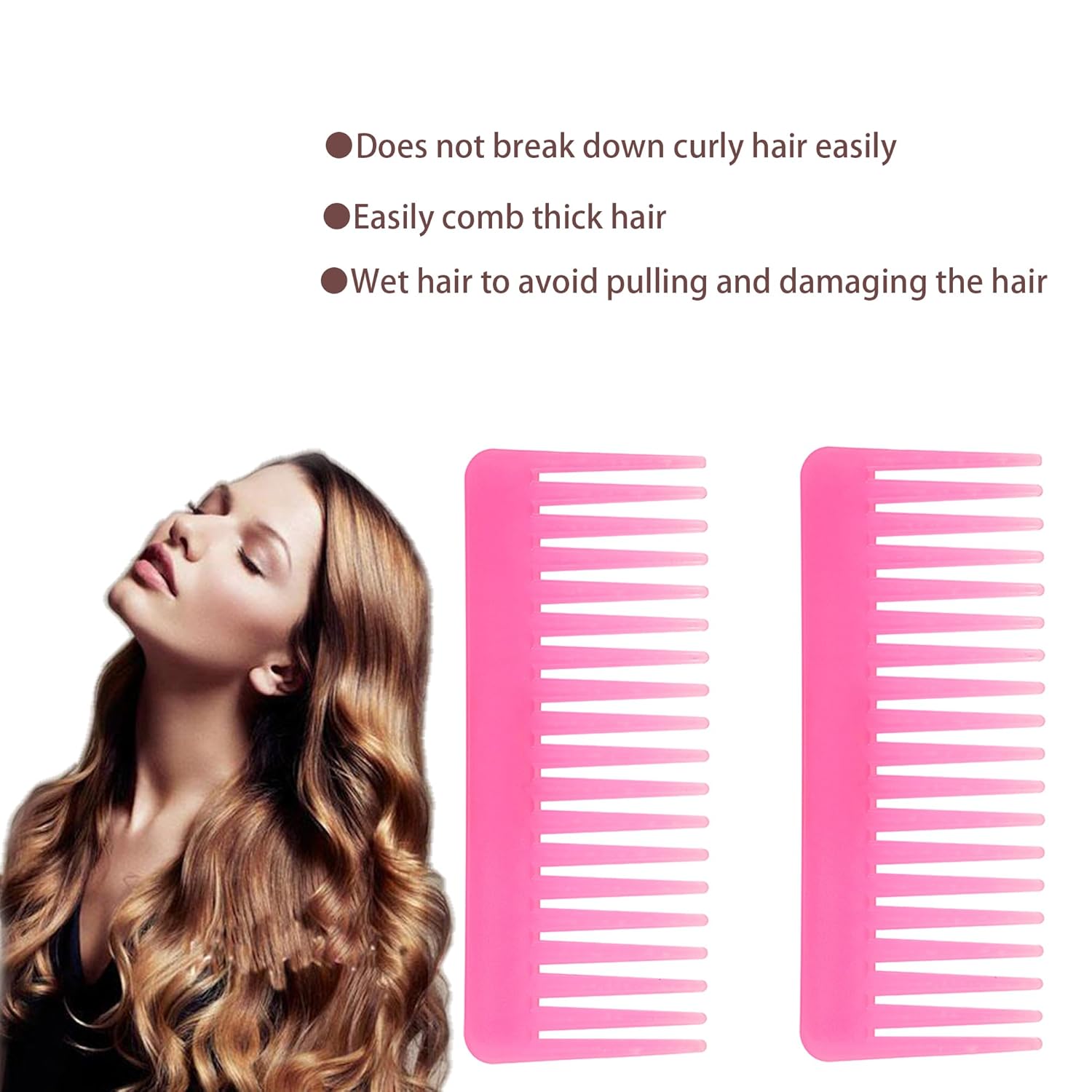 Peine de dientes anchos para cabello rizado, cabello seco y húmedo, sin mango, peine desenredante para peinar con champú (coral claro, 2 piezas)