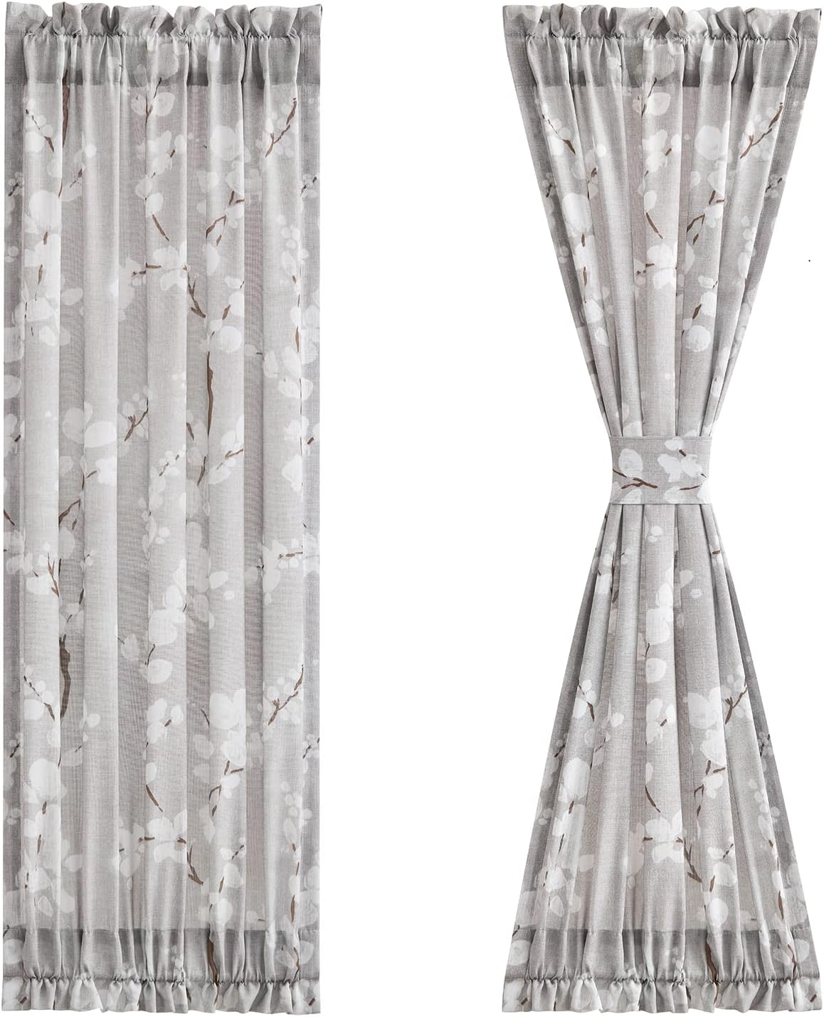 FMFUNCTEX Cortinas semitransparentes para puerta francesa de 40 pulgadas de largo, filtro de luz floral, color gris pardo, paneles de cortina para