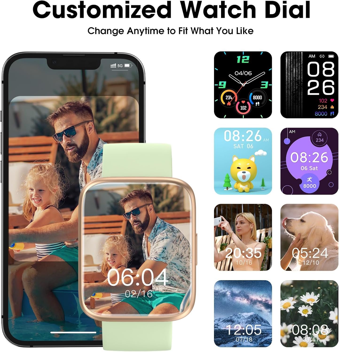 TYKOIT Reloj inteligente, rastreador de actividad física con pantalla táctil de 1.772 in, monitor de frecuencia cardíaca, oxígeno en sangre, reloj