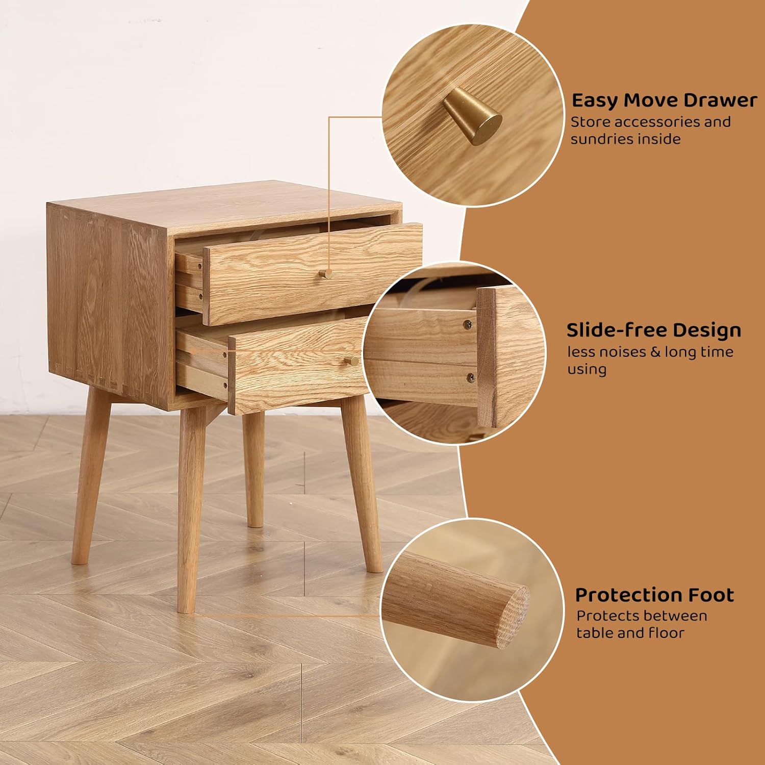 Olusmane Mesita de noche moderna de mediados de siglo, mesita de noche de madera de roble macizo con 2 cajones, mesita de noche pequeña resistente y