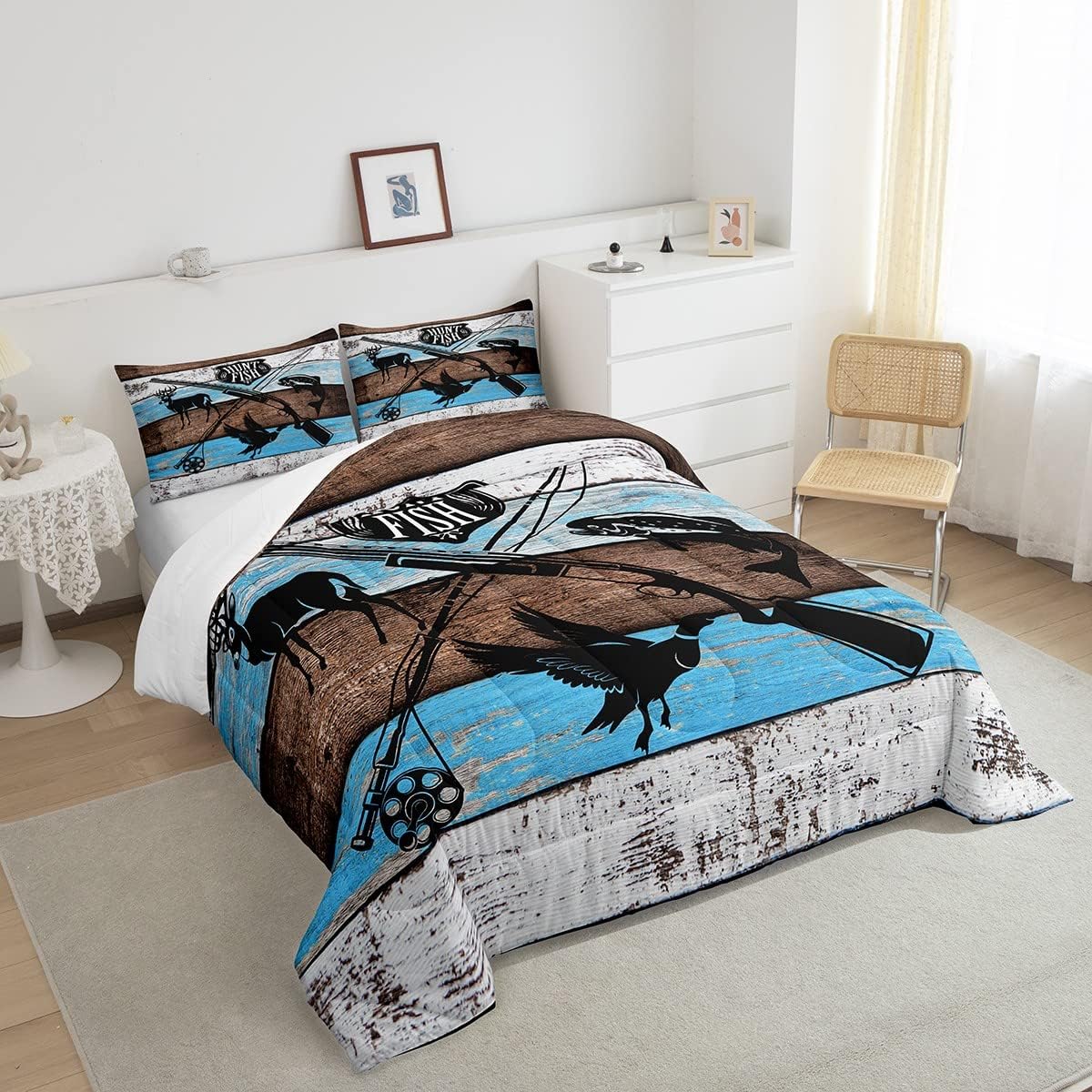 Juego de edredón tamaño Queen con temática de caza de animales de ciervos y pájaros, con 2 fundas de almohada, tablero de madera azul rústico, 3