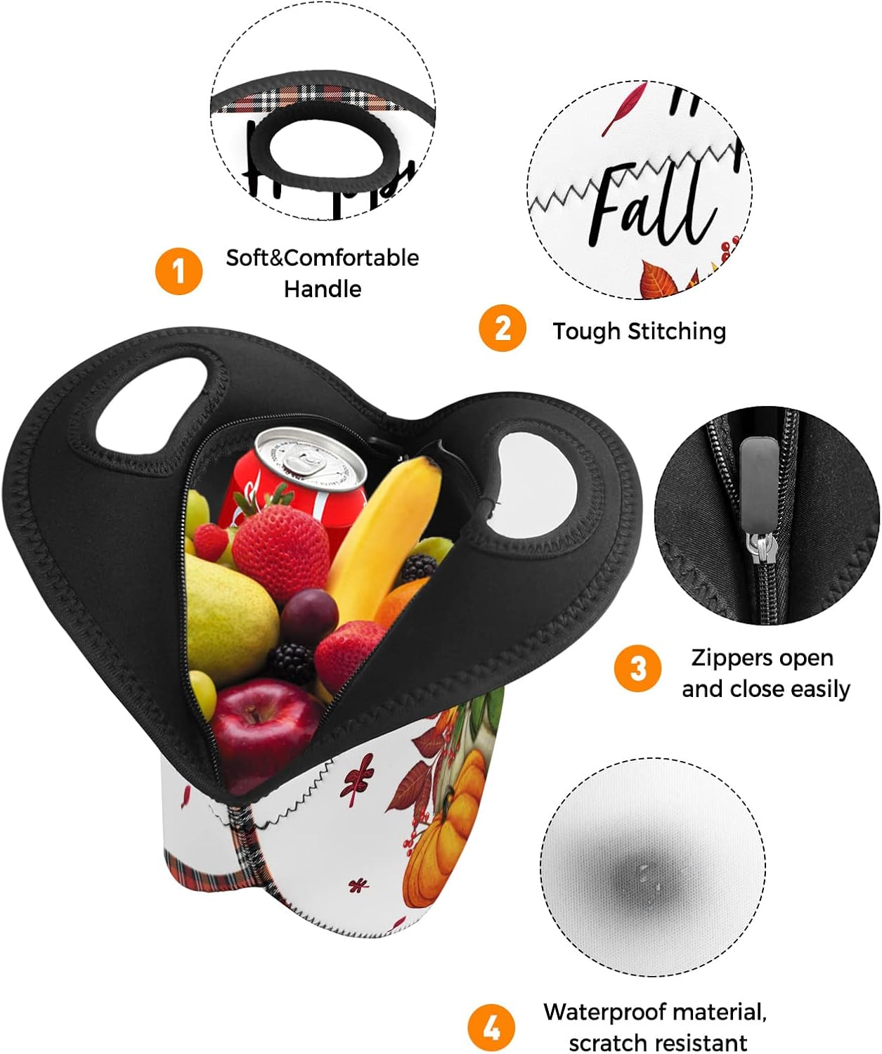 Reusable Neoprene Lunch Bag, Happy Fall Y’all Sunflowers Pumpkin Buffalo Plaid Soft Thermal Meal Tote, Lightweight Washable Insulated Lunch Pouch