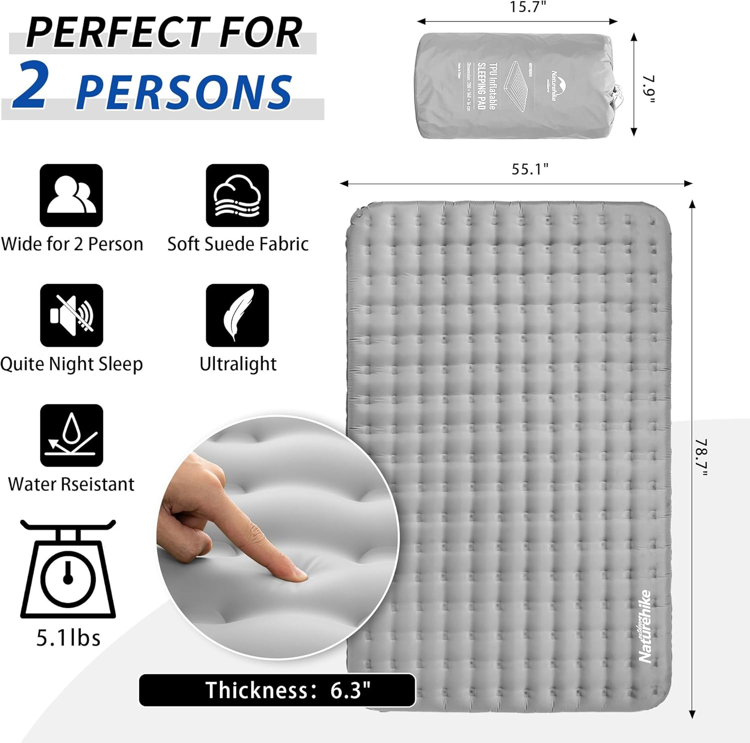 Naturehike CosyWild – Colchón de aire para 2 personas, cuna de campamento, cama inflable portátil de tamaño matrimonial con superficie de gamuza,