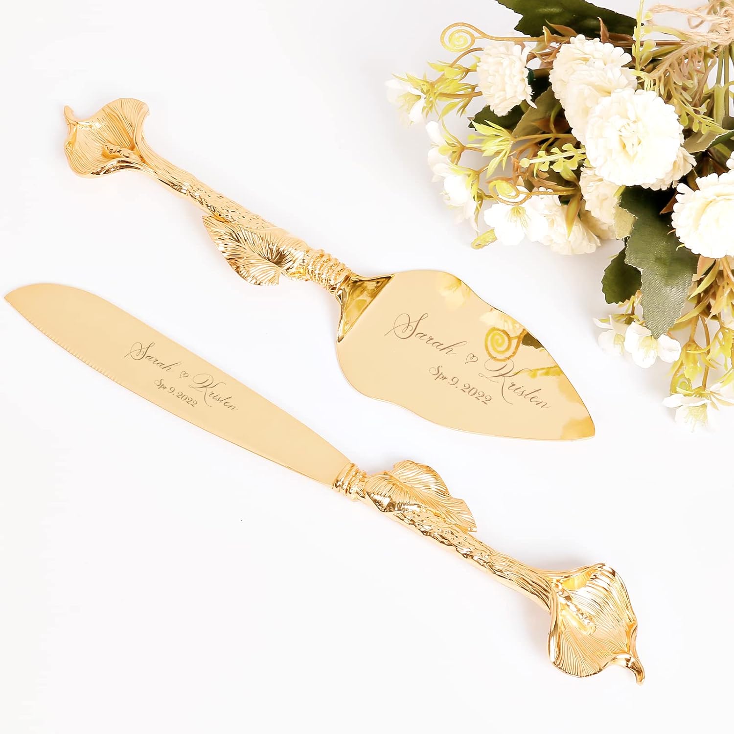 Juego de corte de pasteles para boda, juego de cuchillos y servidores dorados personalizados, juego de servir pastel de pastelería grabado, cortador