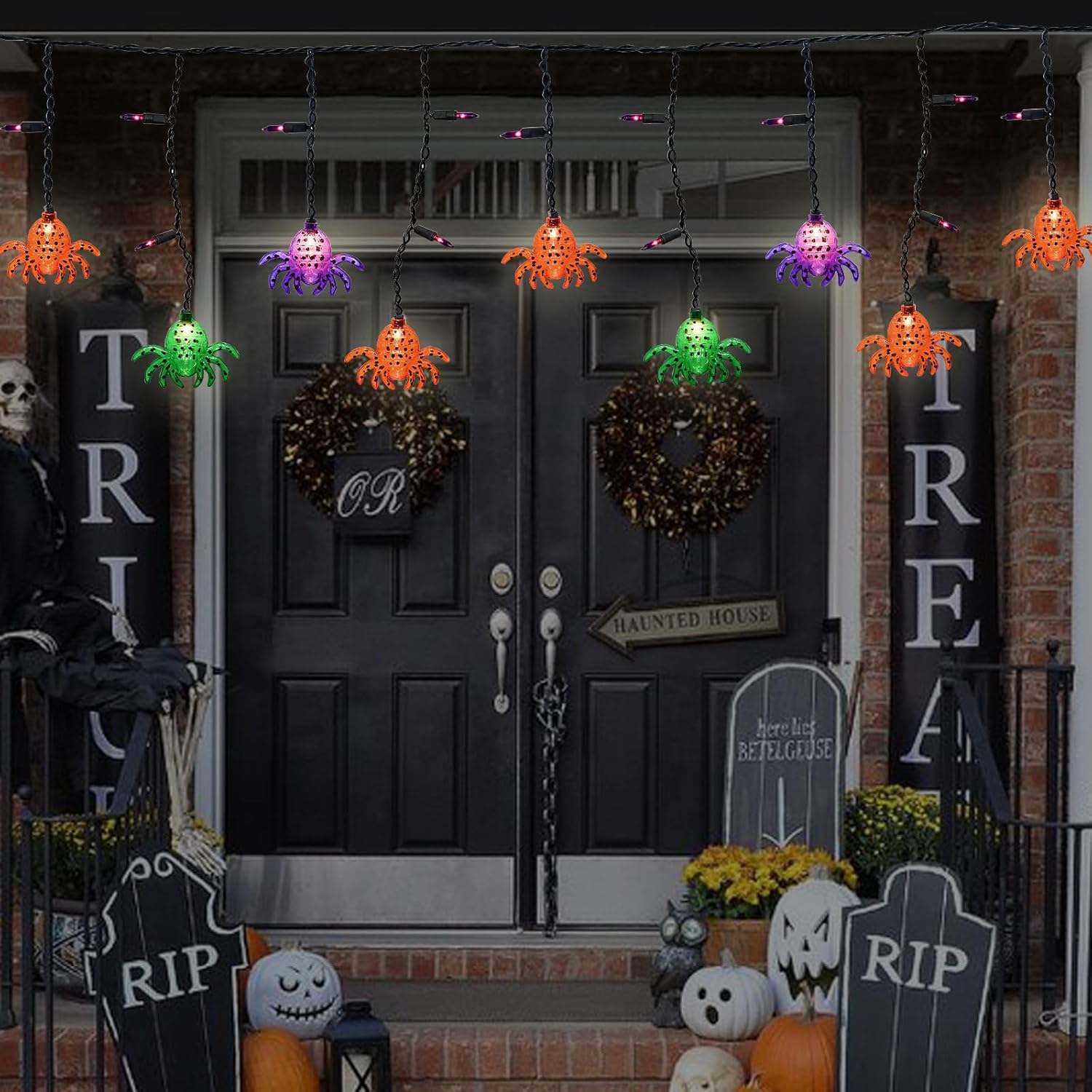 Romasaty Cortina de luces de araña de Halloween de 7 pies con 10 tiras de luces de araña impermeables, 25 luces LED temáticas de Halloween para