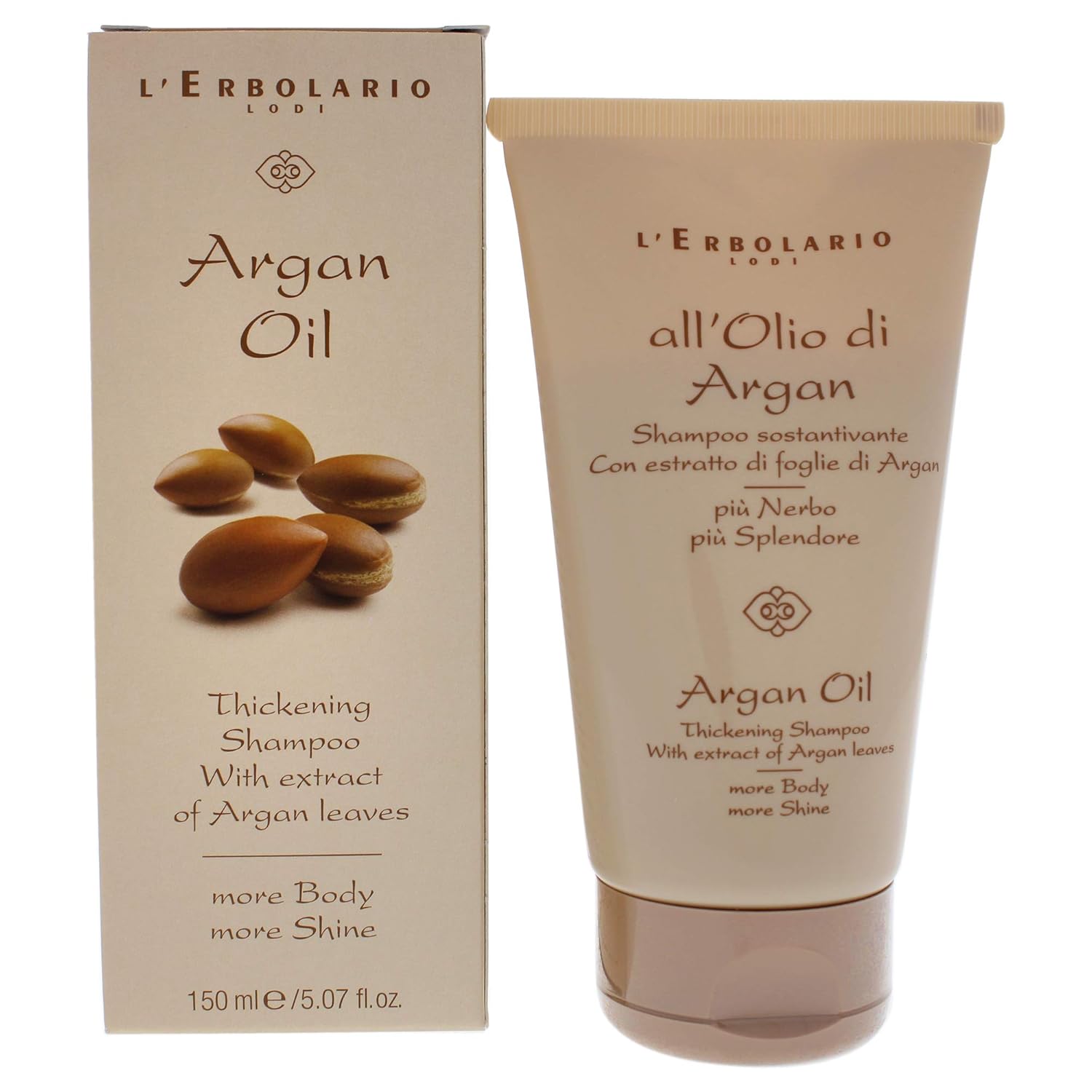 L’Erbolario Champú espesante de aceite de argán, tratamiento limpiador cremoso, ideal para todo tipo de cabello, fórmula rica y nutritiva, protege,