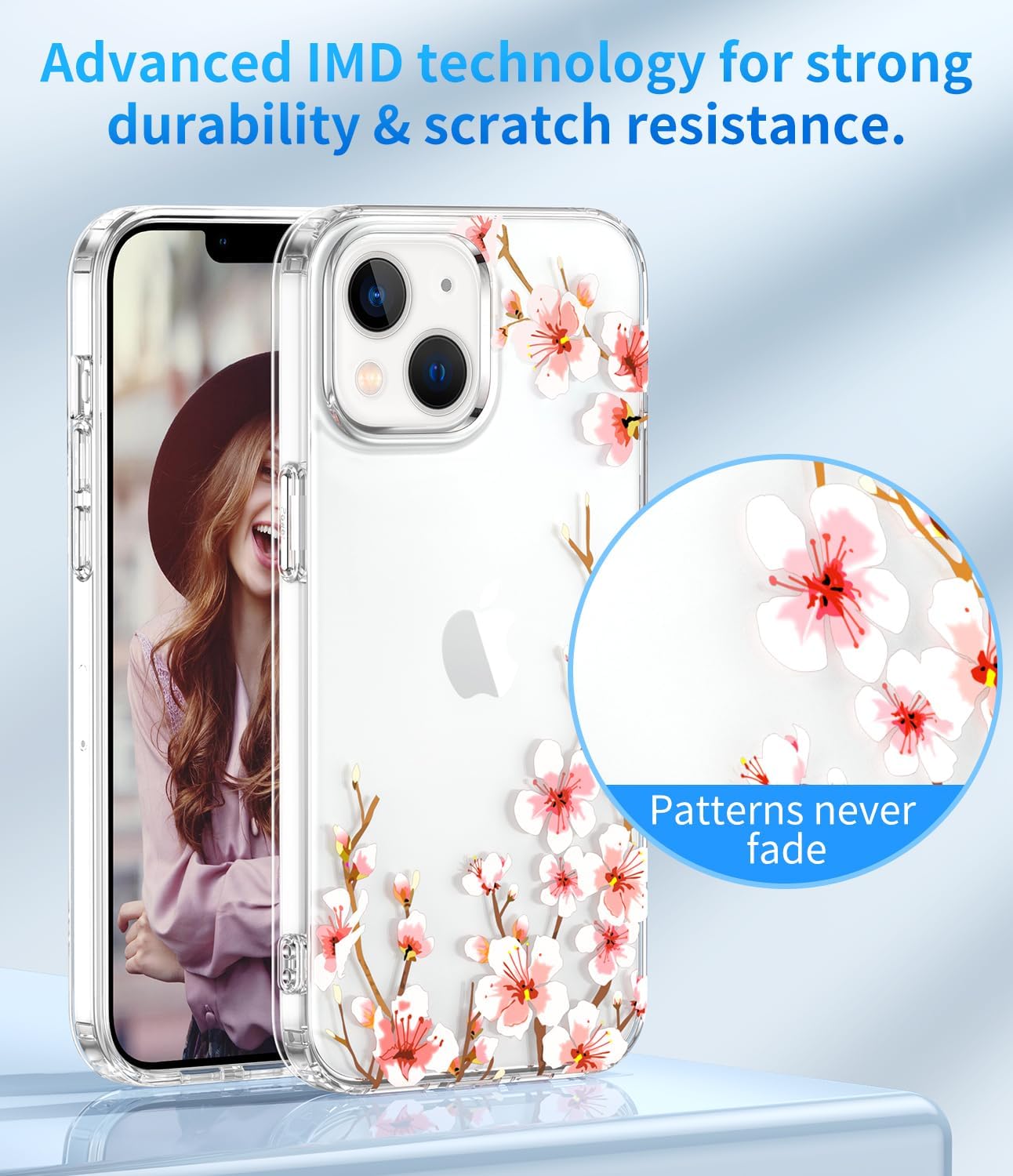ZQWY Funda floral compatible con iPhone 15, diseño de patrón de flores transparentes, policarbonato duro + funda protectora de TPU suave para