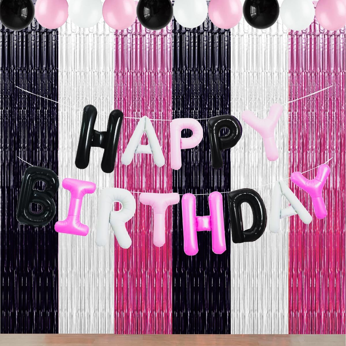 Decoraciones de fiesta de cumpleaños con estampado de vaca, telón de fondo rosa, negro y blanco, cortinas de oropel de papel de aluminio para fiesta