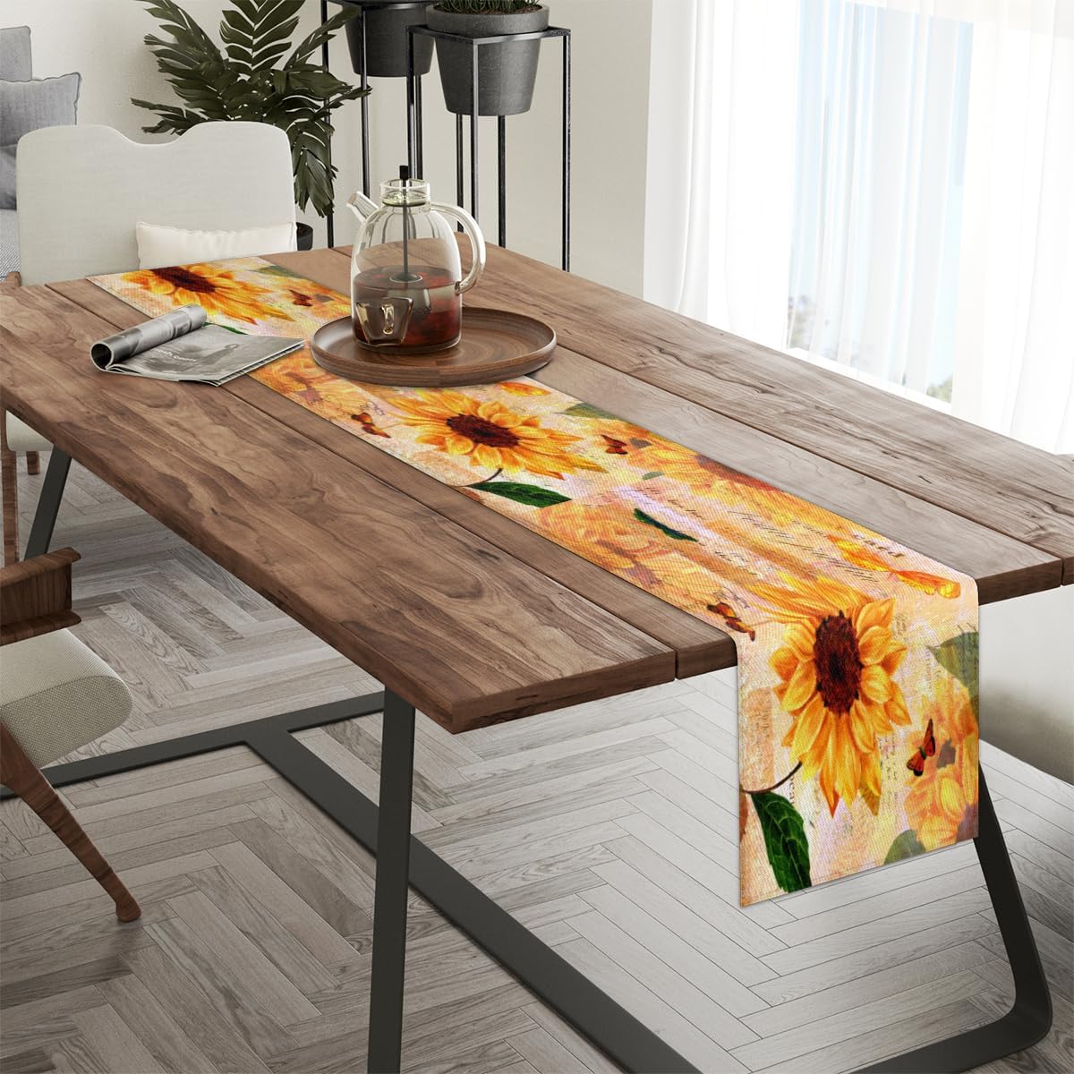 Table Runner Watercolour Sunflower, Rustic Linen Table Cloth for Farmhouse Kitchen, Dinner, Events, Party, Holiday Table Decor 13 x 60 Inches
