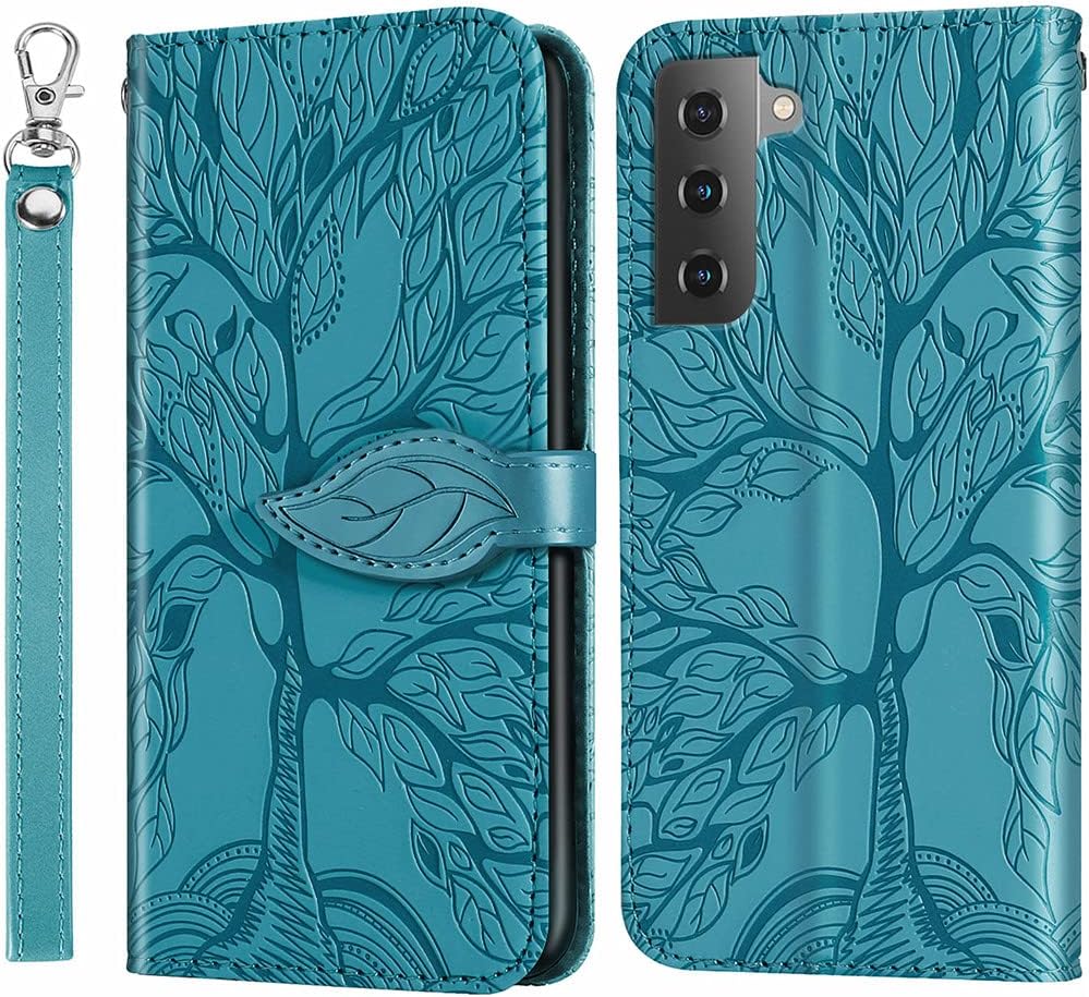 Funda tipo cartera para Samsung Galaxy S23 5G, piel sintética de alta calidad con diseño de árbol en relieve, función atril, ranuras para tarjetas,