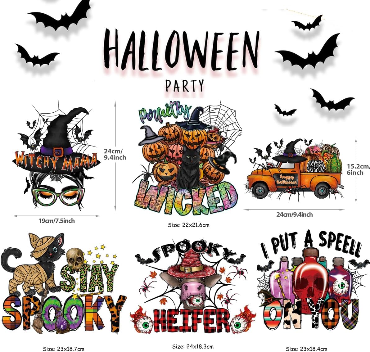 6 parches termoadhesivos de Halloween para ropa, camisetas, telaraña, calabaza, murciélagos, diseños de transferencia de calor, calcomanías de