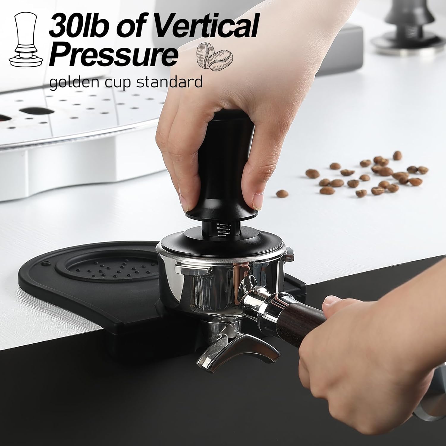 Espresso Tamper – Juego de manipulación de café de 2.283 in, incluye alfombrilla de amortiguación de café, 30 libras calibrada a presión,
