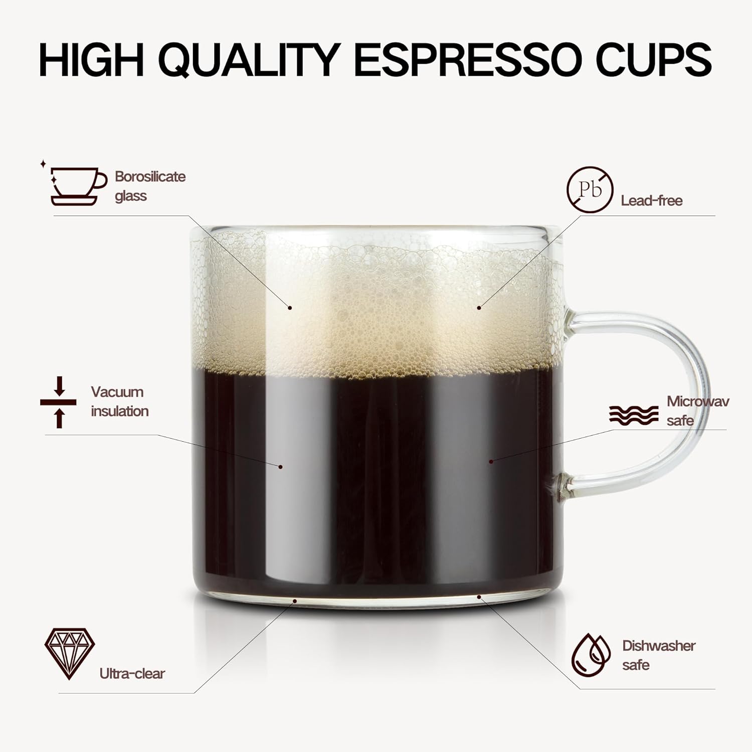 Paquete de 6 tazas de café espresso de 4 onzas con asa, tazas de café pequeñas de vidrio, tazas de café de expreso, tazas demitasse para café con