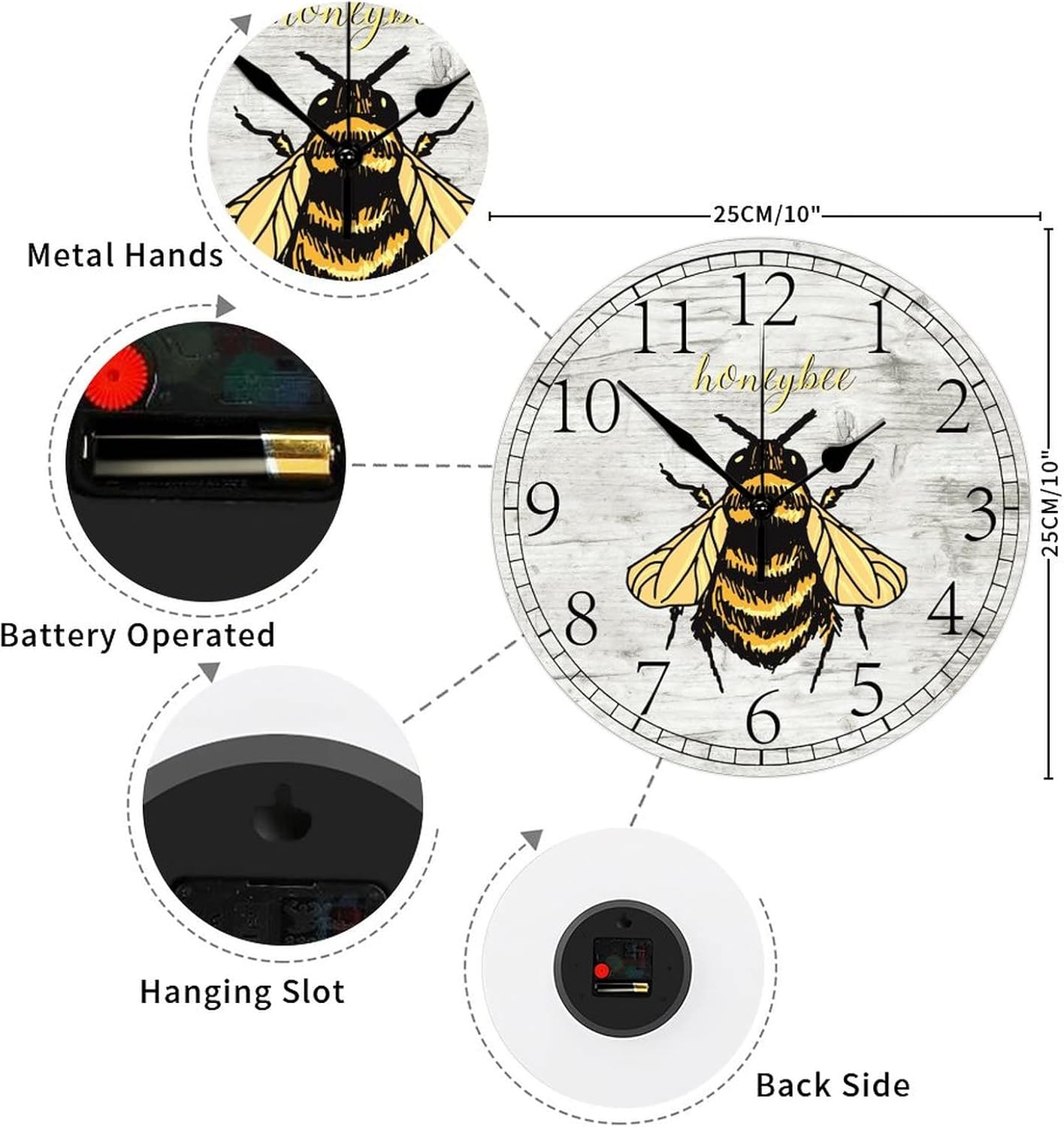 Reloj de pared retro estilo granja, abejas de abejas de miel, estilo antiguo, reloj de madera silencioso, sin tictac, funciona con pilas, reloj