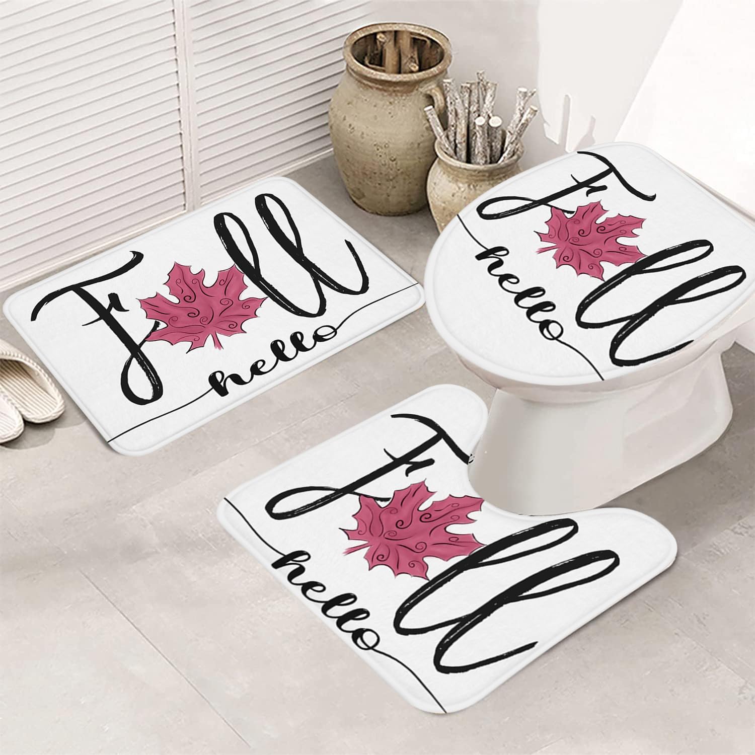 Hello Fall Bath Rugs Sets 3 Piece, Autumn Harvest Fall Maple Leaf Non Slip Bathroom Carpet Pink Bathroom Mats Set with Toilet Lid Cover,Absorbent