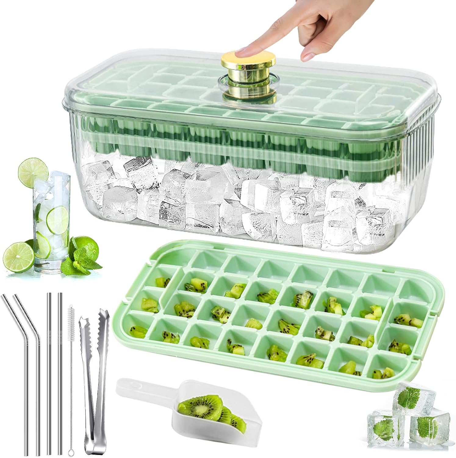Bandeja para cubitos de hielo con tapa y contenedor, 64 bandejas de hielo para congelador con contenedor, bandeja para cubitos de hielo Doonly fácil