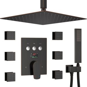 Juego completo de grifos de ducha, sistema completo de ducha de bronce aceitado, pantalla digital de temperatura, botón desviador de grifo de ducha Juego completo de grifos de ducha, sistema completo de ducha de bronce aceitado, pantalla digital de temperatura, botón desviador de grifo de ducha