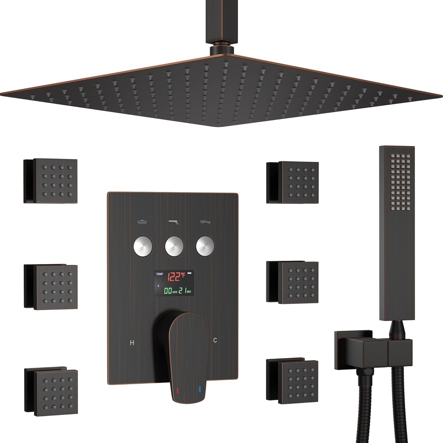 Juego completo de grifos de ducha, sistema completo de ducha de bronce aceitado, pantalla digital de temperatura, botón desviador de grifo de ducha