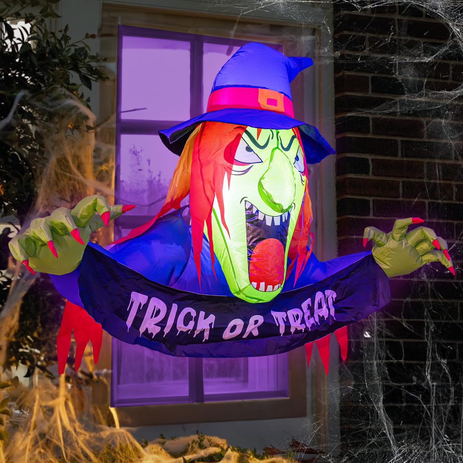 Dazzle Bright Bruja inflable de Halloween de 3.5 pies, decoración de ventana de Halloween con LED integrado para fiestas, interiores y exteriores,