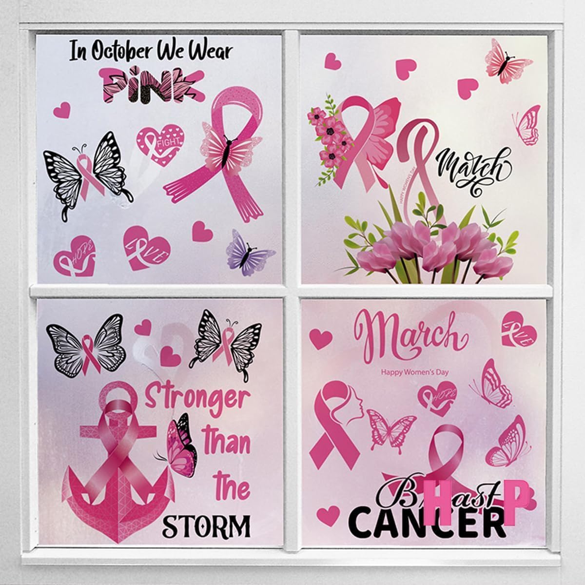 9 hojas de calcomanías para ventana de cáncer de mama para vidrio, cinta rosa para mujer, calcomanías de concientización sobre el cáncer de mama,