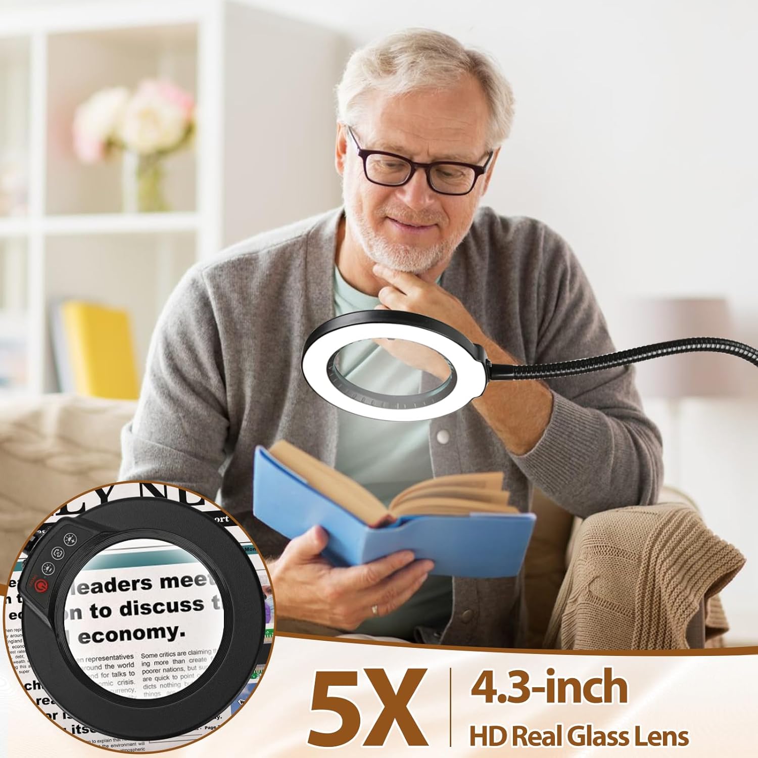 Lupa 5X con luz y soporte, lámpara de pie flexible de cuello de cisne de 24 pulgadas, 3 en 1, LED 3 en 1, 5 modos de color, lupa iluminada regulable