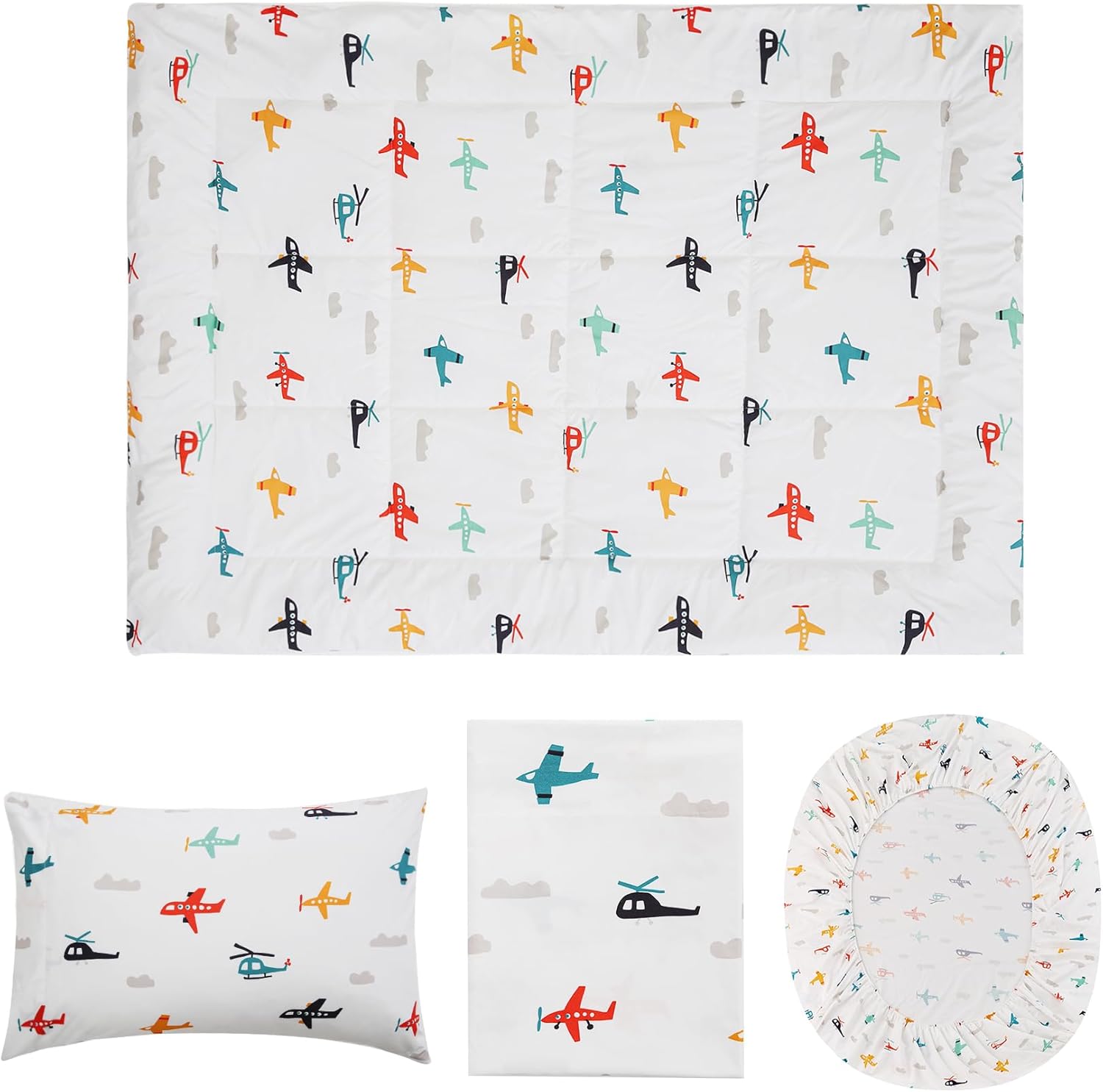 JSD Juego de ropa de cama de 4 piezas con diseño de avión para niños y niñas, incluye sábana encimera, sábana bajera, edredón acolchado y funda de
