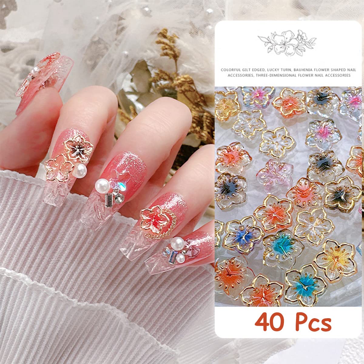 40 dijes de flores para uñas, calcomanías de flores 3D, dijes de uñas con borde dorado, resina de flores para uñas, mezcla de pétalos de flores