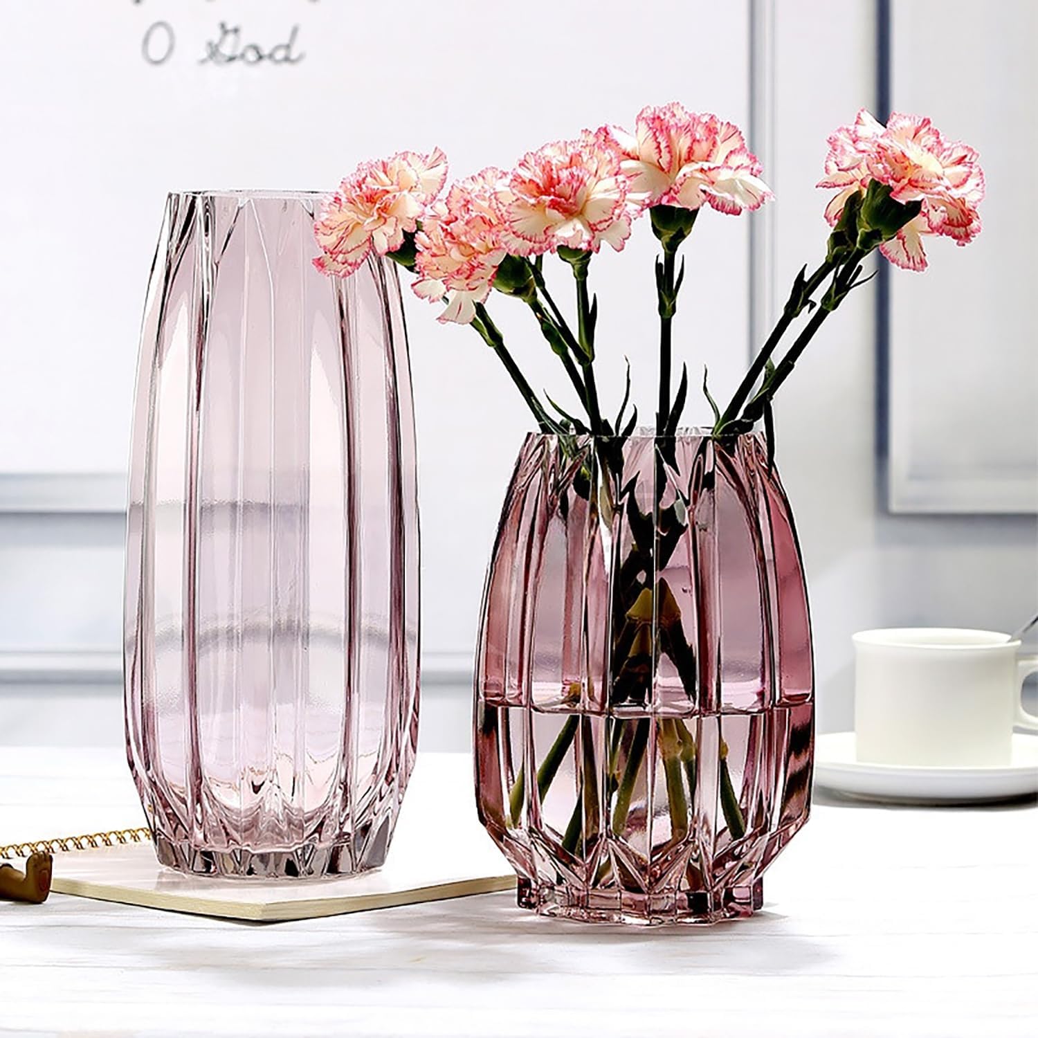 Jarrón de cristal morado y rosa moderno para flores, velas y detalles decorativos, florero de vidrio altocorto para centros de mesa, decoración de