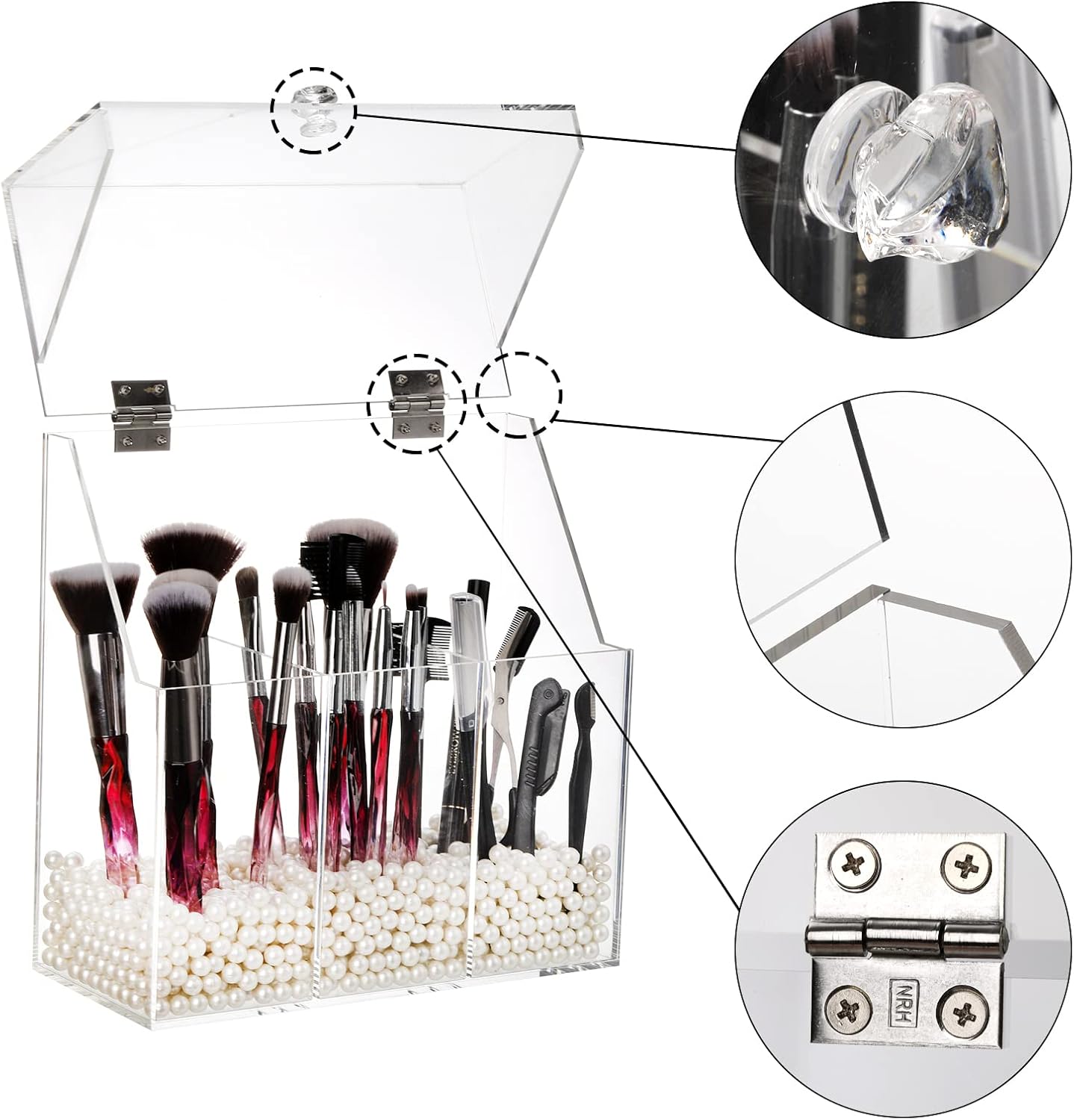 Okllen Soporte para brochas de maquillaje con tapa a prueba de polvo, perlas blancas, organizador de brochas de maquillaje acrílico transparente con