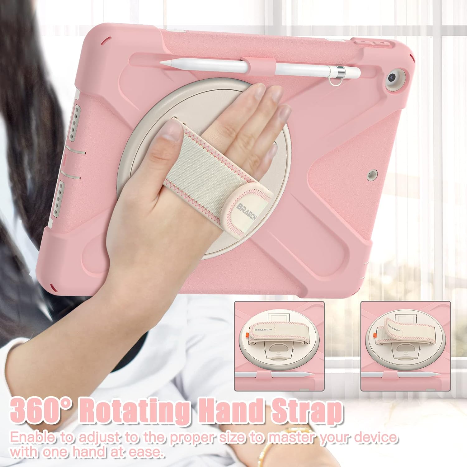BRAECN Funda para iPad de 10.2 pulgadas 202120202019, funda híbrida de tres capas para niños y niñas, con correa para el hombro, correa de mano,