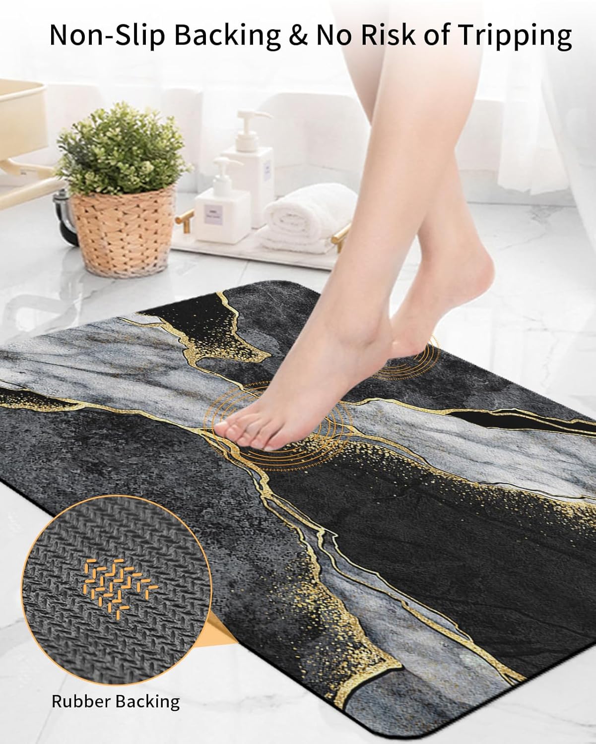 Alfombras de baño de mármol negro para baño, antideslizantes, lavables, súper absorbentes, de secado rápido, tapetes de baño de lujo con grietas