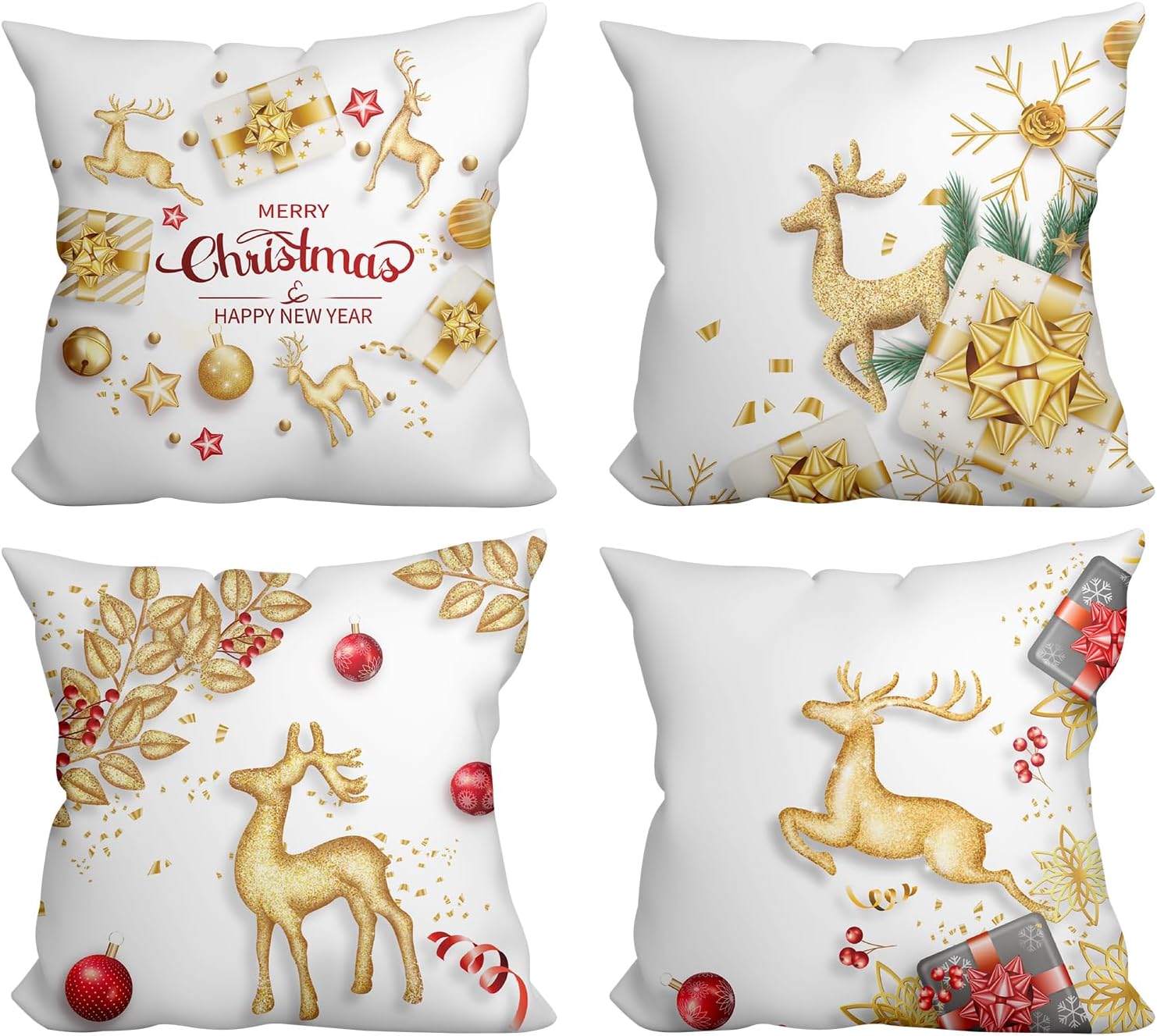 WSZBDY Juego de 4 fundas de almohada de Navidad, copos de nieve de oro blanco, decoración de Navidad, renos, 18 x 18 pulgadas, juego de 4 adornos de