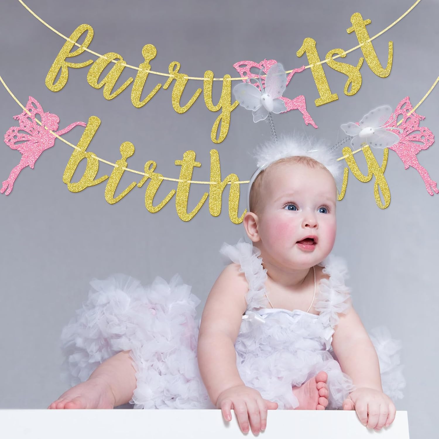 Cartel de primer cumpleaños de hada, decoración de fiesta de primer cumpleaños de hada, pancarta de primer cumpleaños para niña, decoraciones de