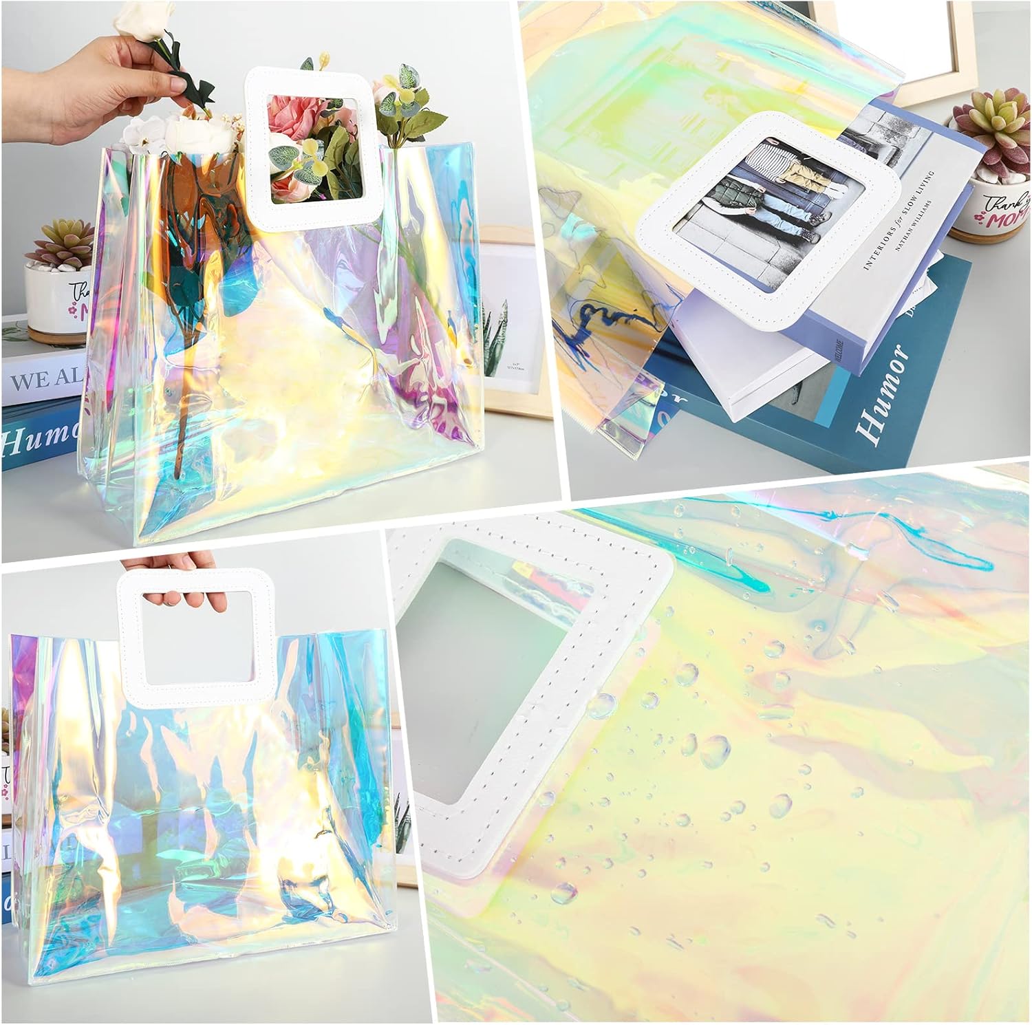 Whaline 5 bolsas de regalo holográficas grandes de 12.8 x 11.6 x 5.7 pulgadas, iridiscentes, transparentes, reutilizables, de PVC, bolsas de compras