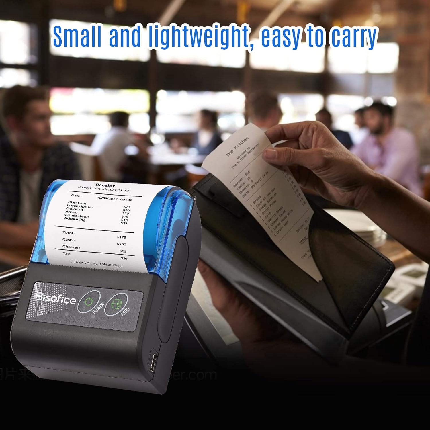 Mini impresora térmica portátil, impresora térmica de recibos de 2 pulgadas, impresora inalámbrica de boletos de recibos USB con papel de impresión