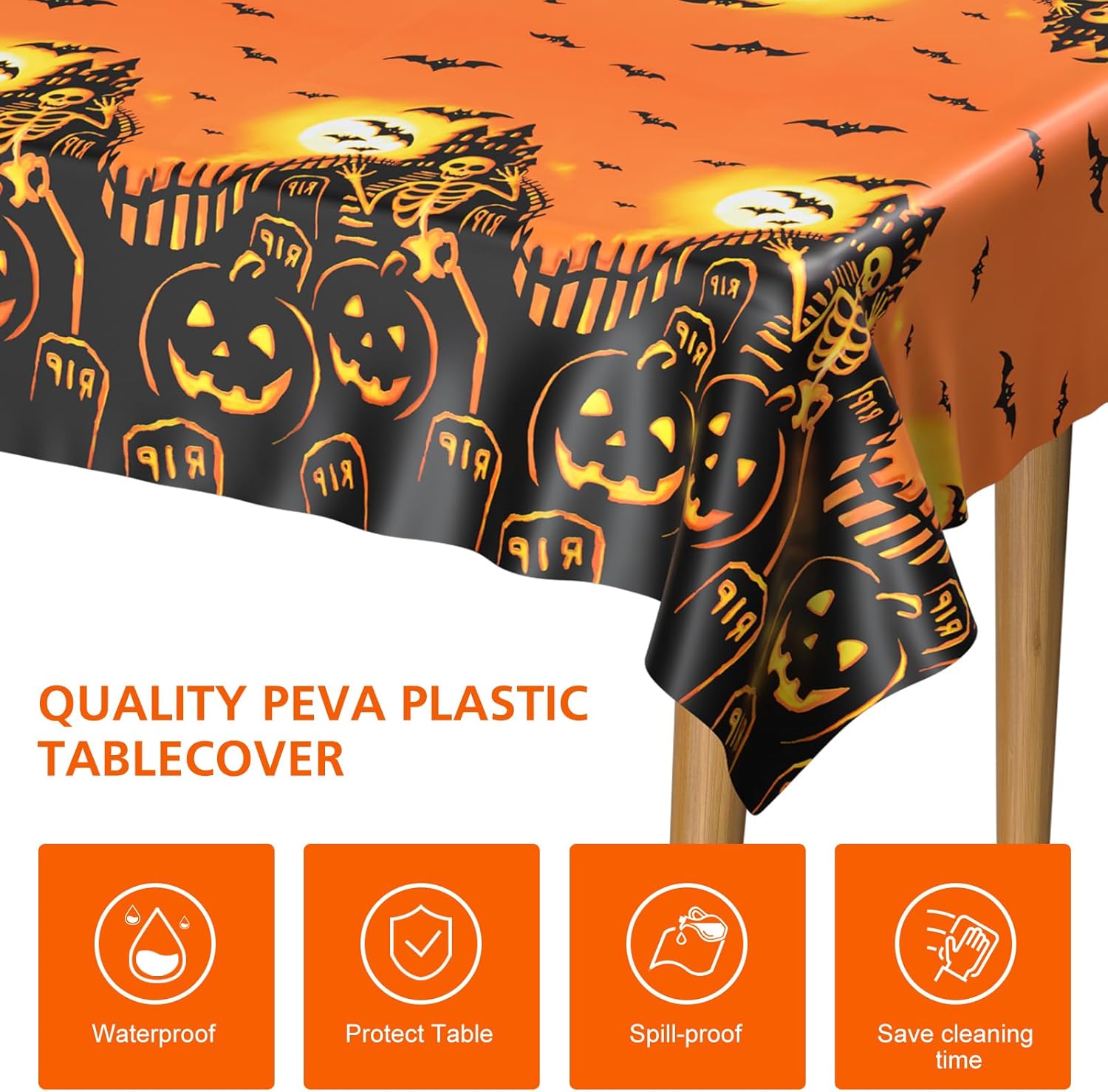 PLULON Mantel de Halloween de 54 x 108 pulgadas, diseño de calabaza, murciélago, esqueleto, calavera, mantel de plástico para decoración de mesa de