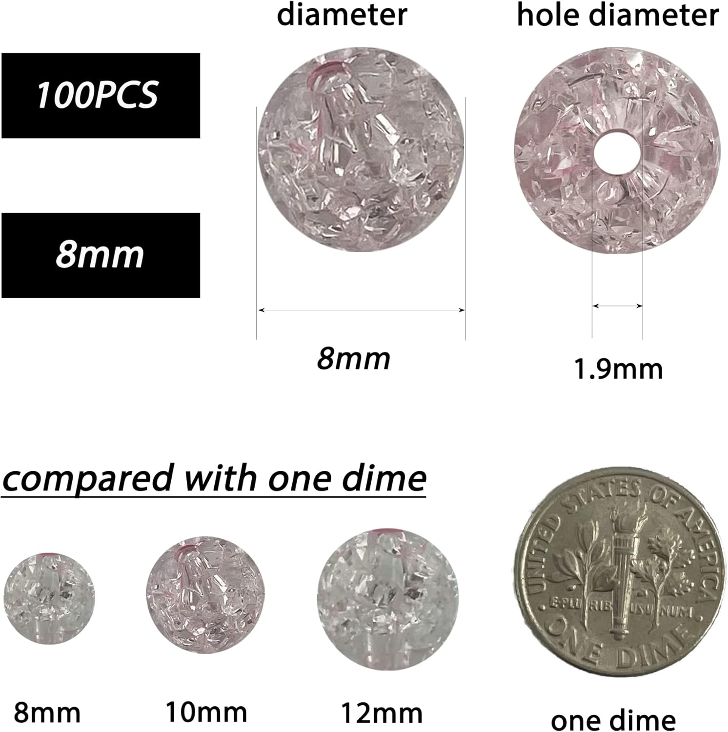 Memujpsun 100 cuentas redondas de cristal agrietado, hechas a mano para fabricación de joyas (0.315 pulgadas, rosa)