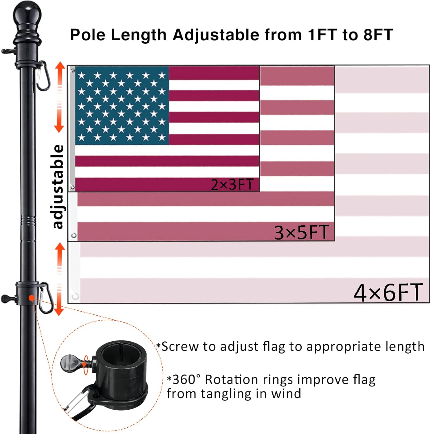 Mástiles de bandera negra para exteriores en el suelo, poste de bandera de 8 pies para casa con base de 2 puntas, kit de asta de bandera de acero