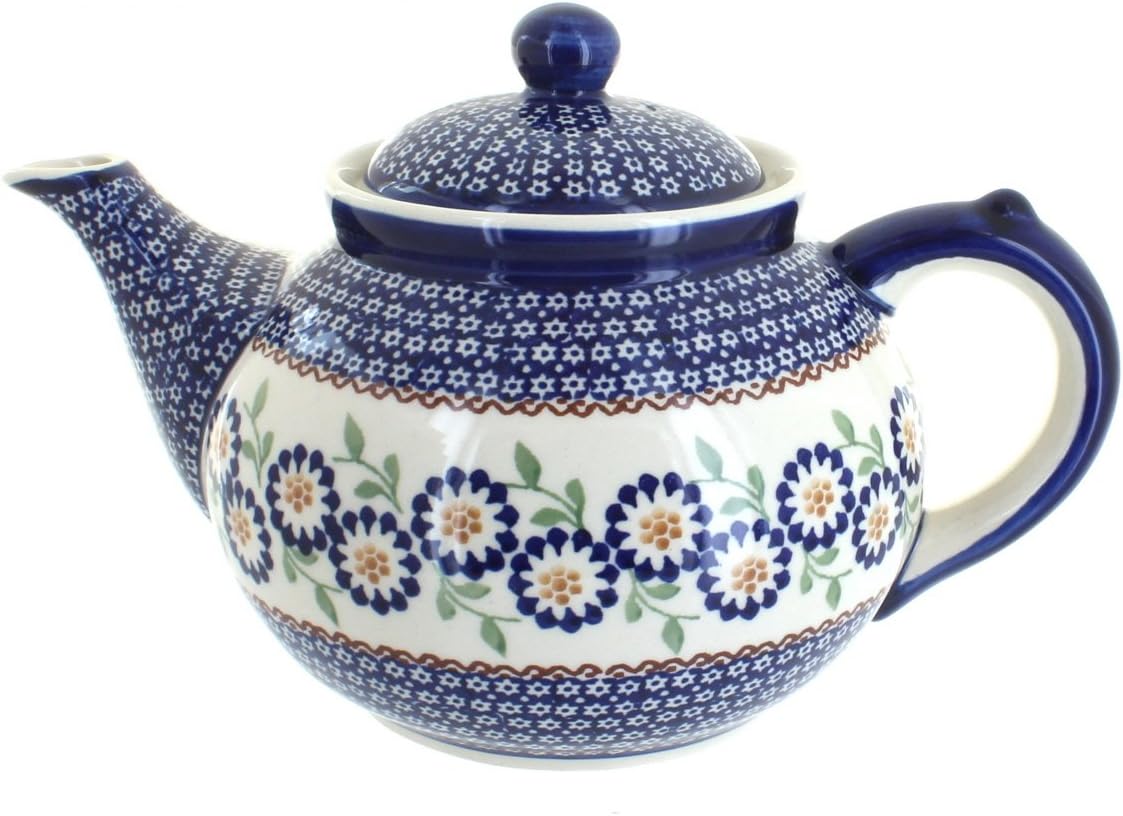 Tetera de flor de melocotón de cerámica polaca de rosa azul