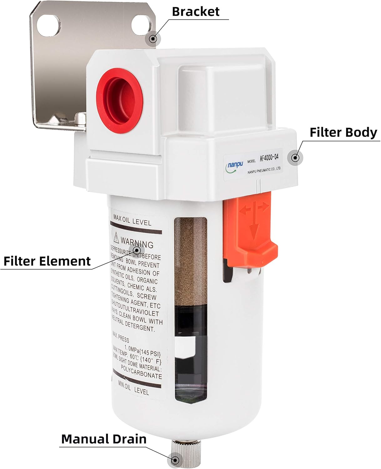 NANPU Filtro de línea de aire comprimido NPT de 12″, elemento de latón de 5 micrones, soporte, cuenco de polietileno, 145 psi