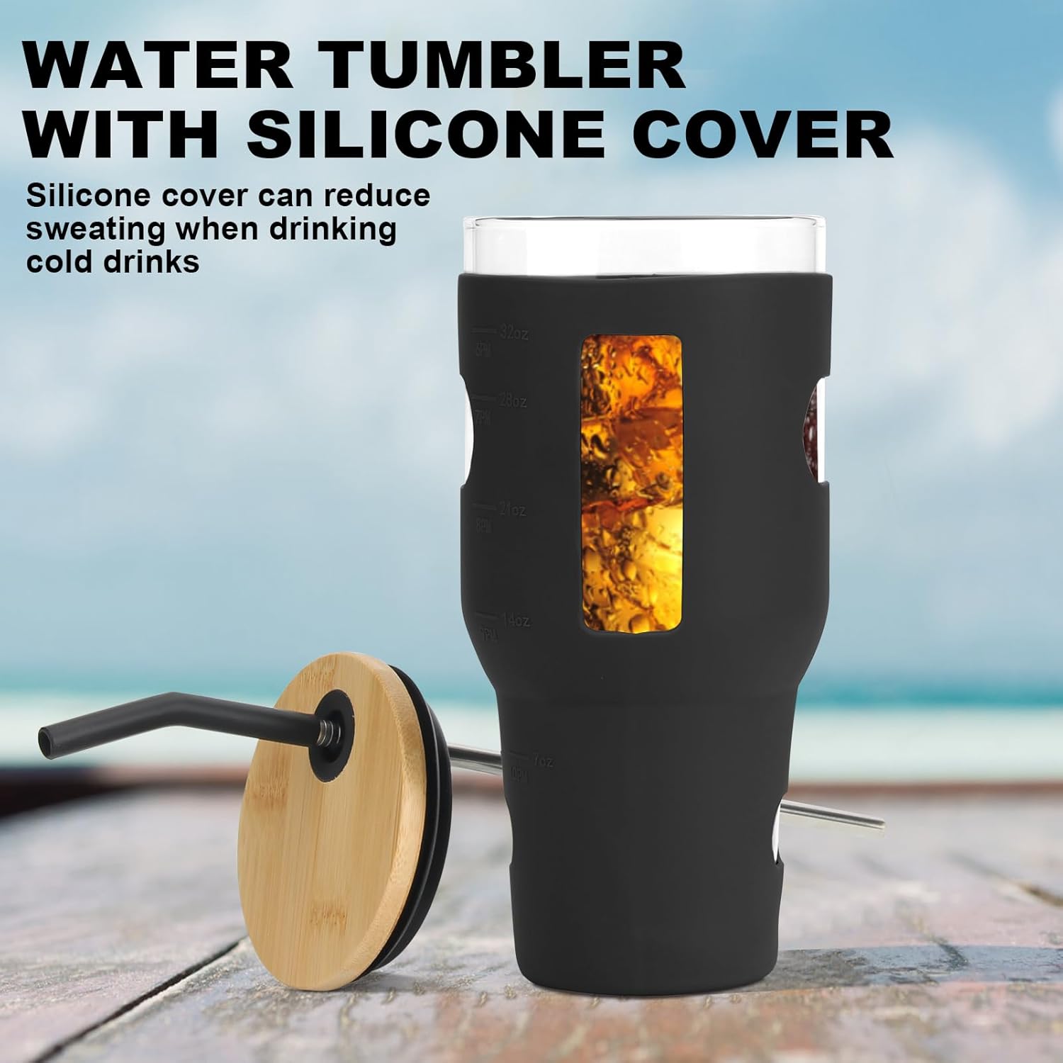YULEER Vaso de agua de vidrio de 32 onzas con popotes y tapas, paquete de 2 vasos de boca ancha para batidos con funda protectora de silicona sin