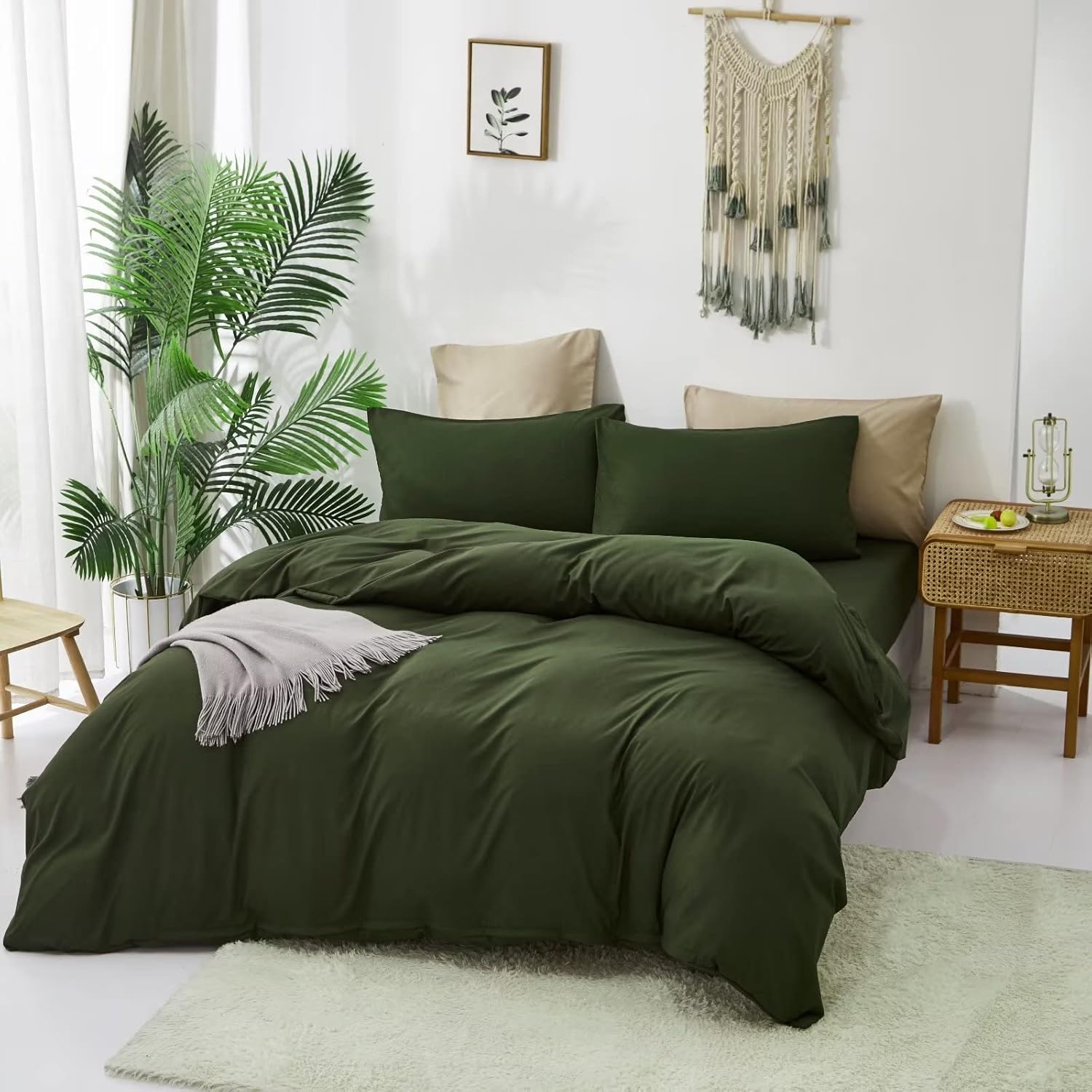 Houseri Juego de edredón, color verde militar (tamaño matrimonial), ropa de cama de 3 piezas con 1 edredón y 2 fundas de almohada, estilo moderno de