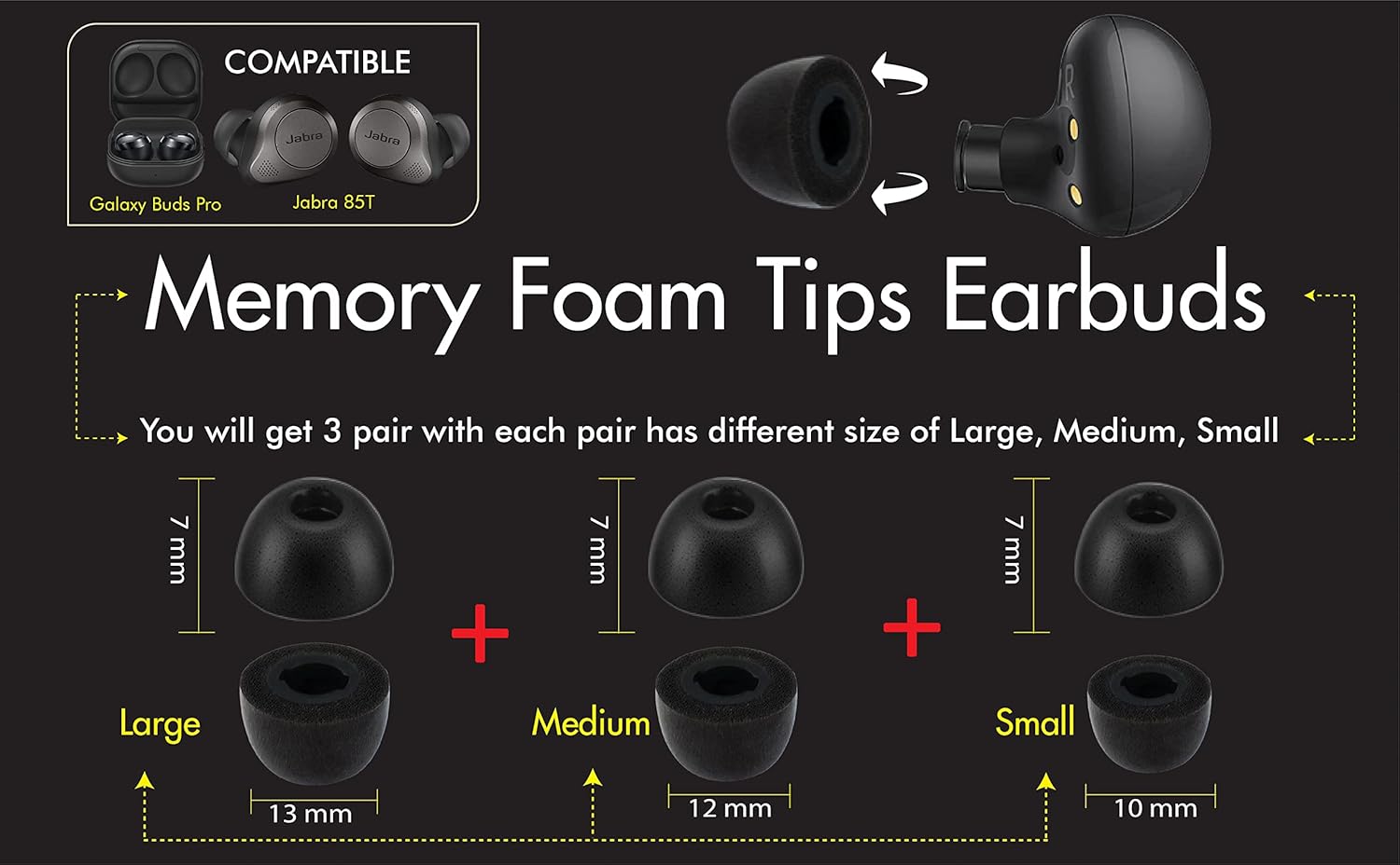 3 pares de almohadillas de espuma viscoelástica para Samsung Galaxy Buds Pro Jabra 85t, almohadillas para auriculares, sin silicona antidolor,