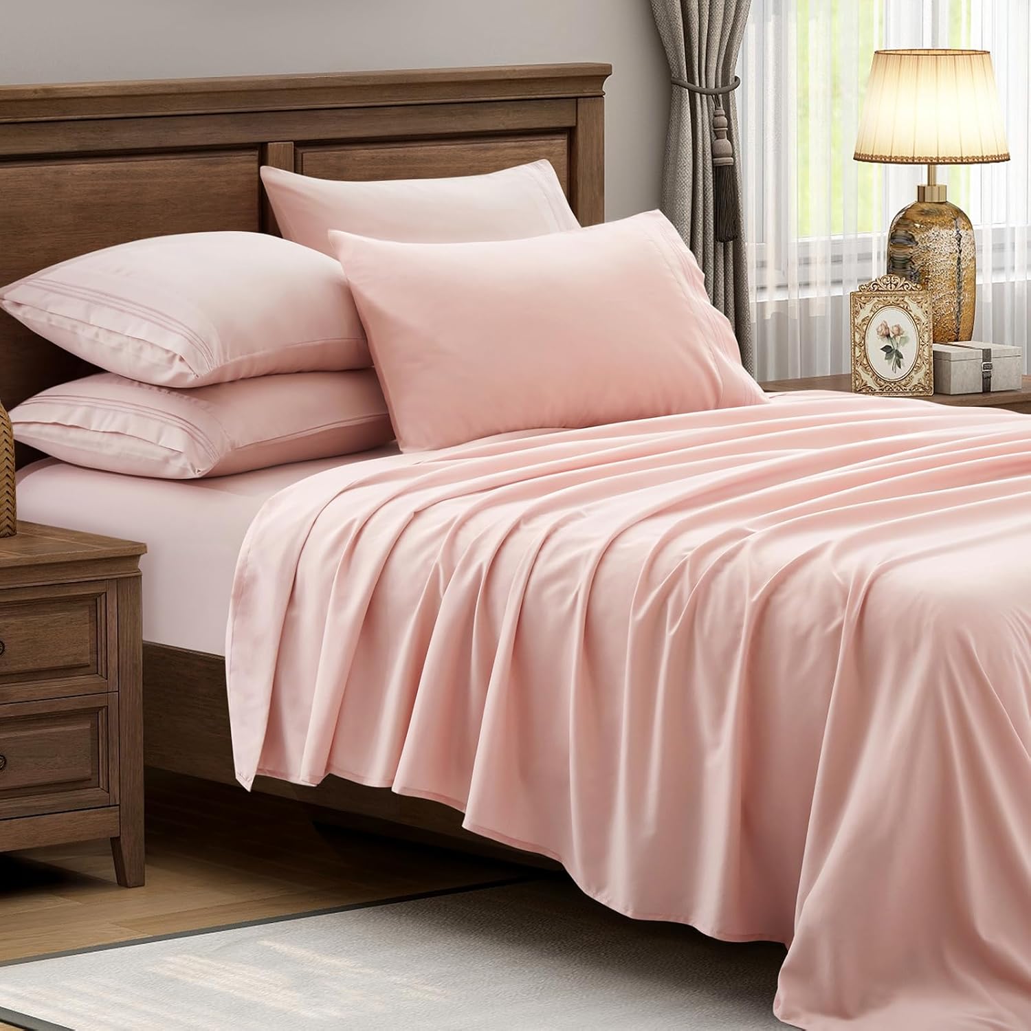 TREELY Juego de sábanas de tamaño Queen de 6 piezas de microfibra cepillada de color rosa polvoriento, sábana bajera ajustable y sábana encimera y 4