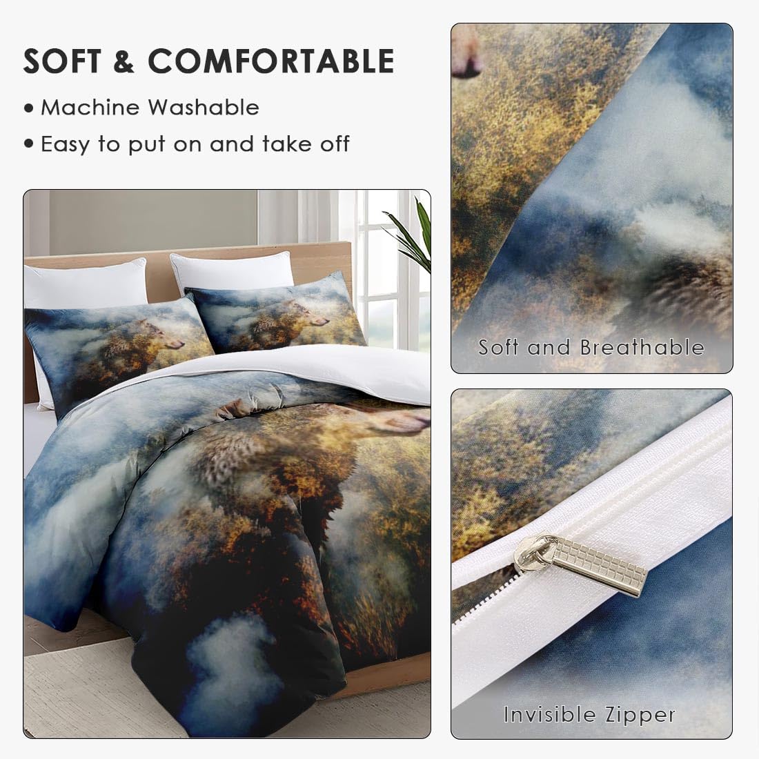 Juego de funda de edredón, juego de ropa de cama dorado con diseño de lobo y animales de otoño para niños y adultos, decoración de dormitorio de