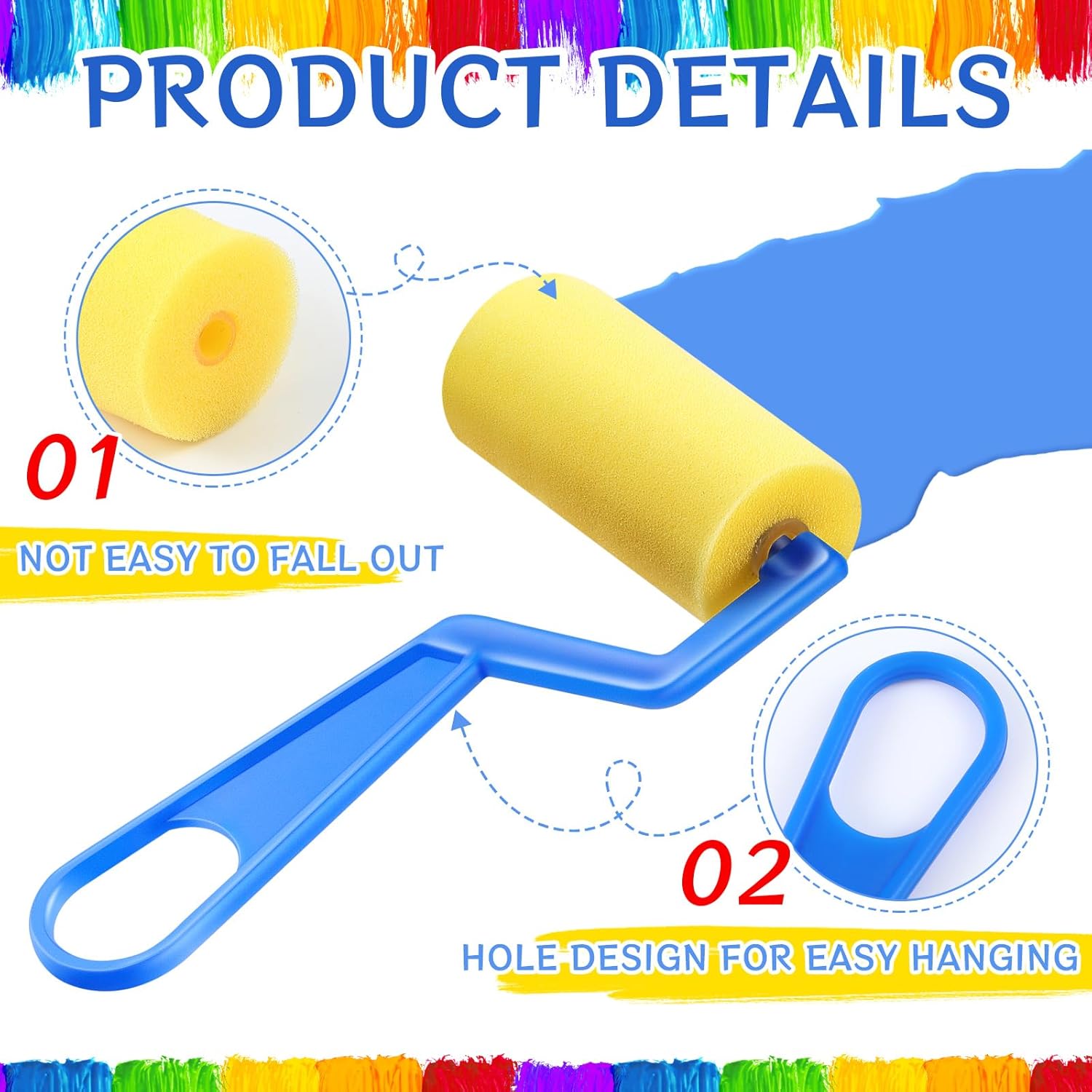 Tenceur 50 Pieces 3 Inch Foam Paint Rollers Painting Sponge Roller Small Sponge Paint Roller with Plastic Handle for Young Artists Kids Early
