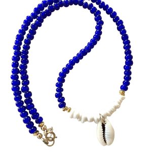 Blue and White Shell Choker, Cobalt Blue African Vintage Trade Beads, Hawaiian Puka Shells, Cowrie Shell, Beach Necklace, 24K Gold Vermeil. Blue and White Shell Choker, Cobalt Blue African Vintage Trade Beads, Hawaiian Puka Shells, Cowrie Shell, Beach Necklace, 24K Gold Vermeil.